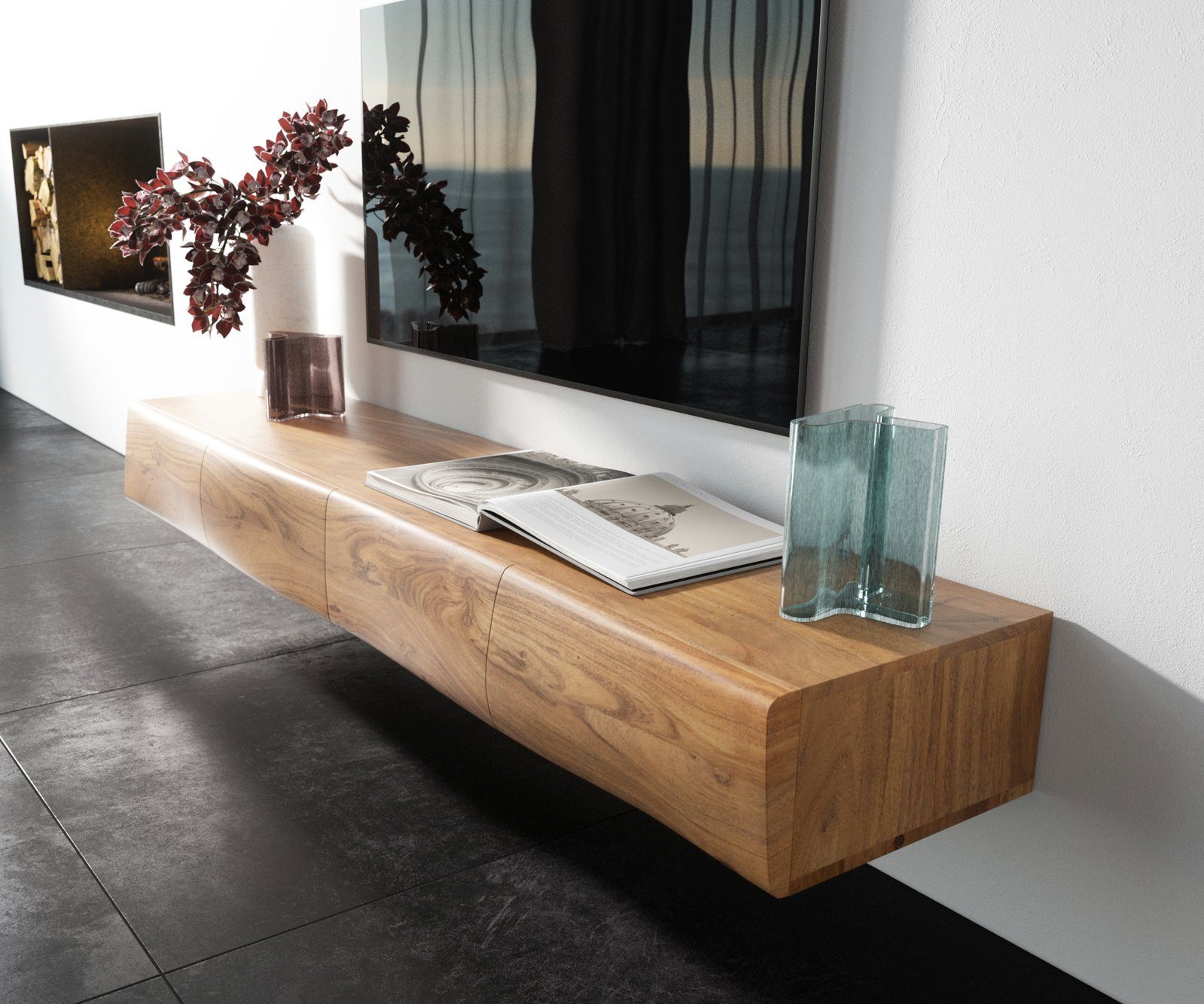 DELIFE Lowboard New, Live-Edge Akazie Natur 175 cm 4 Türen schwebend Lowboard