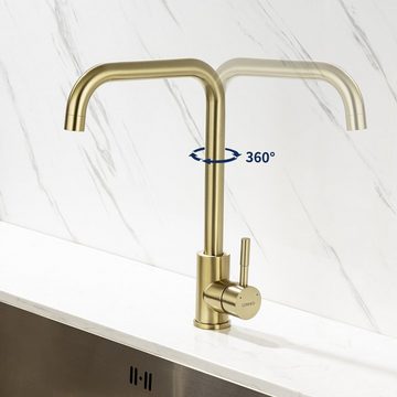 Lonheo Küchenarmatur Wasserhahn Spültischarmatur Gold, 360° Drehbar Einhebelmischer Edelstahl Küche Mischbatterie
