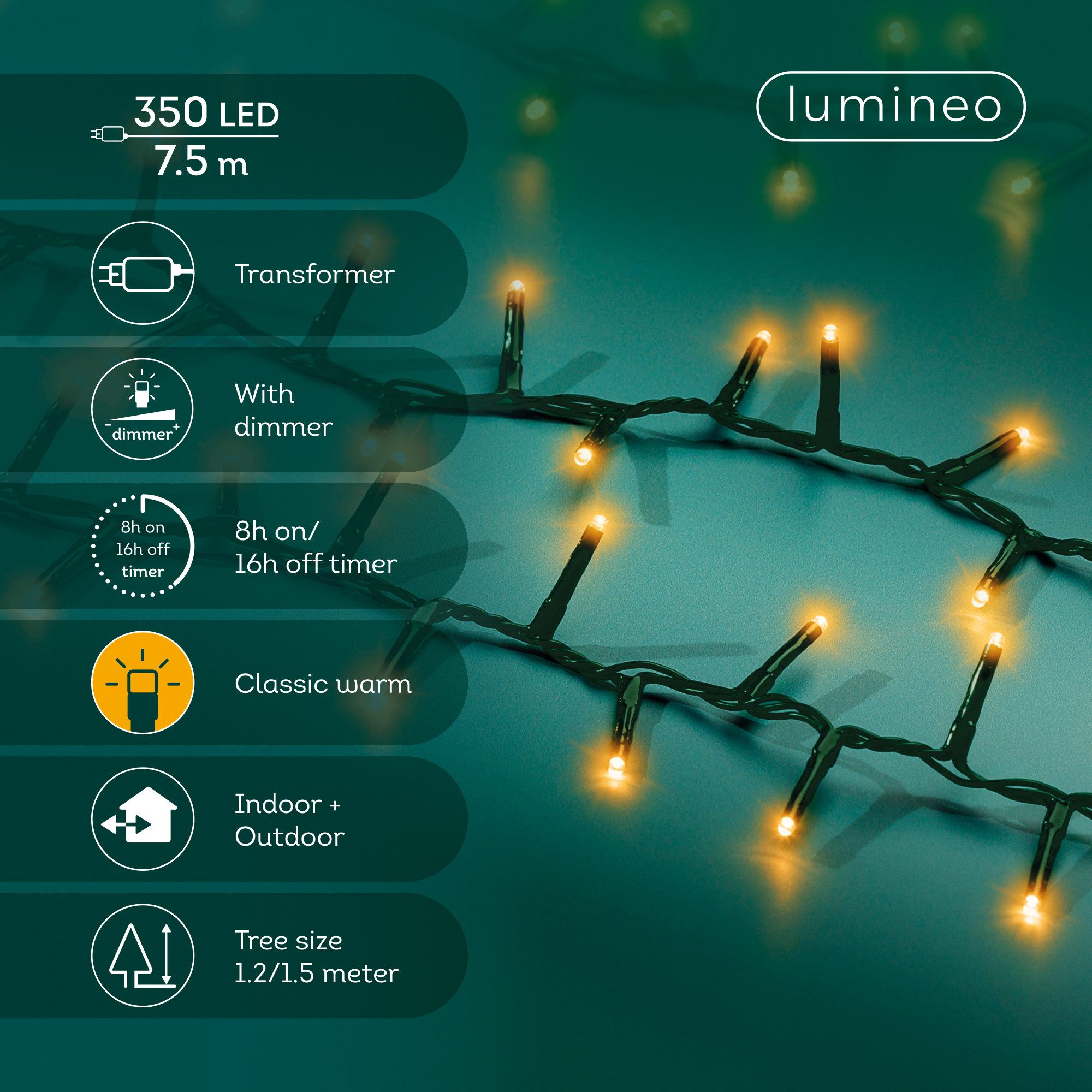 Lumineo LED-Lichterkette Lumineo Lichterkette COMPACT 350 LED 7,5m klassisch warm, grünes Kabel, Dimmbar, 8h-Timer, Indoor/Outdoor, + 5 m Zuleitung – Bild 2 von 5