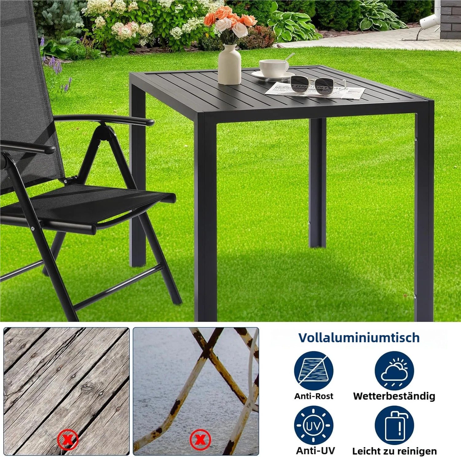 TLGREEN Gartentisch Komplett aus Aluminium, 75x75 cm Balkontisch Wetterfest, (Alu Quadratisch Esstisch,Outdoor Rostfreier Vollmetalltisch), Für Terrassen Garten – Bild 4 von 5
