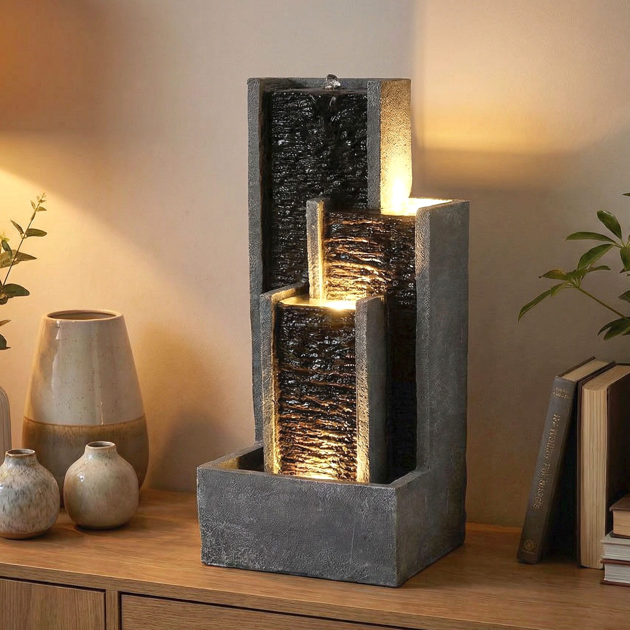 Arnusa Zimmerbrunnen Gartenbrunnen Wasserwand Indoor Outdoor mit LED Beleuchtung 48 cm, Gartendeko Wasserspiel mit LED warmweiß Steinoptik