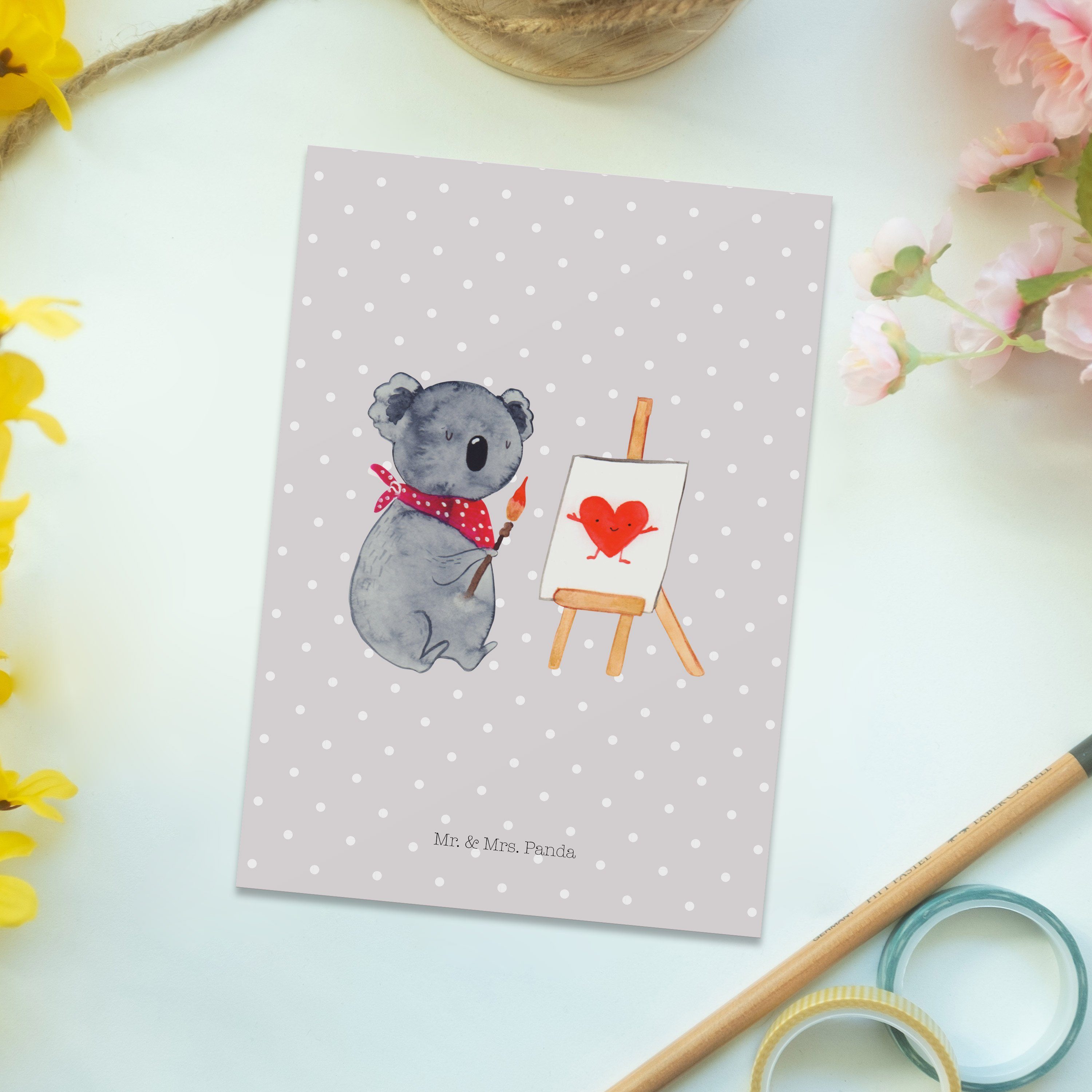 Mrs. Einladungskarte, - Koala & Pastell Künstler Postkarte - Geschenkka Mr. Grau Panda Geschenk,