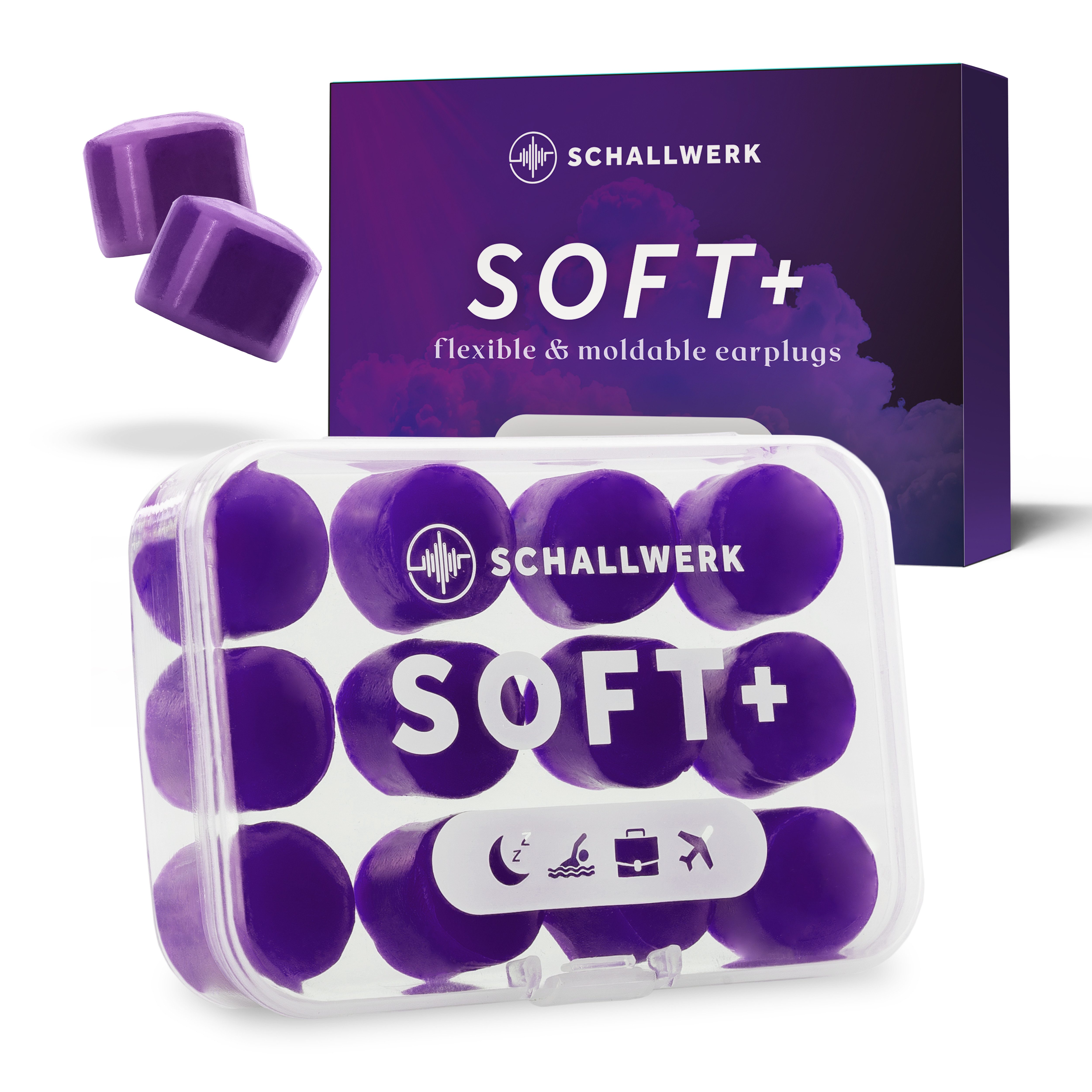 Schallwerk Gehörschutzstöpsel Soft+ formbare Vor-Ohr-Stöpsel aus Silikon zum Schlafen, 6 Paar, SNR 27 dB nach EN 352-2, wiederverwendbar, teilbar, mit Transportdose
