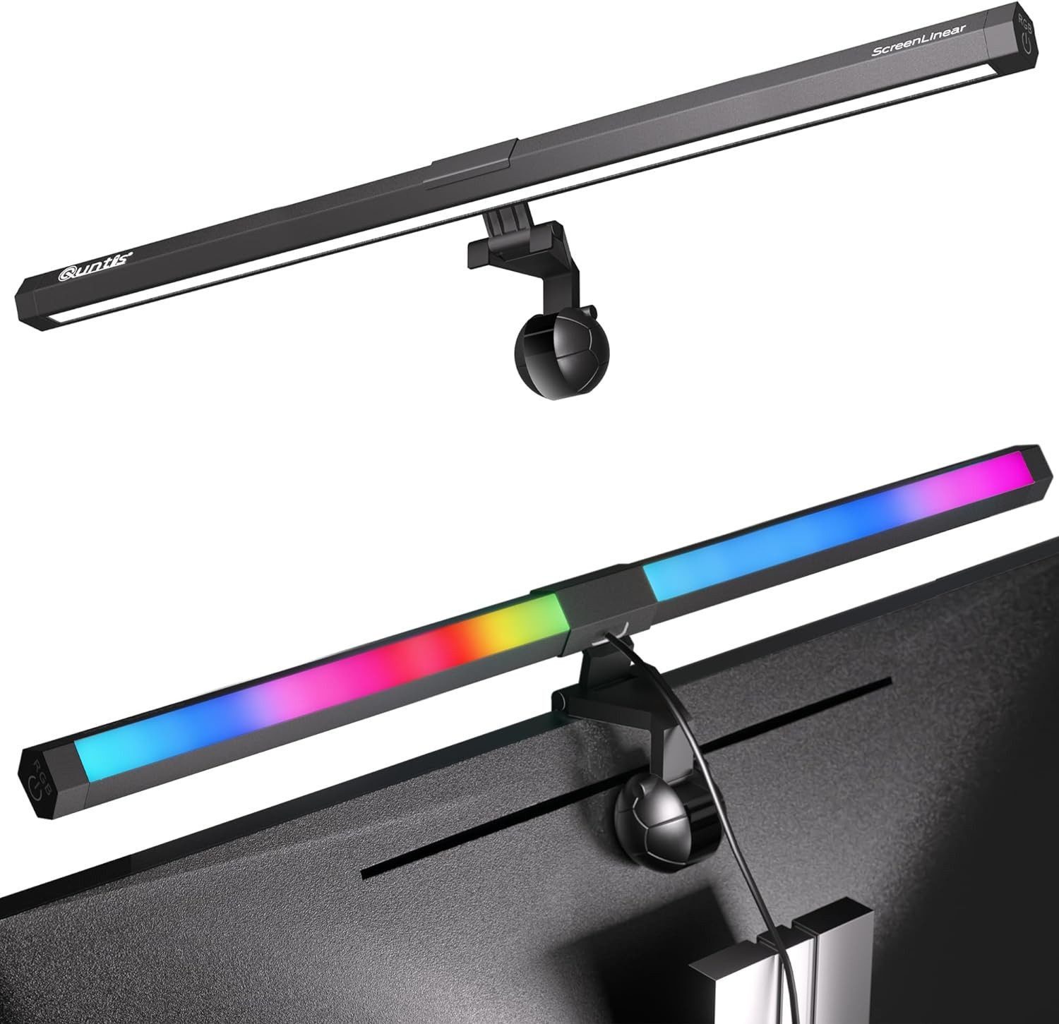 Quntis Schreibtischlampe Pro mit RGB, 40/51cm 2in1 Bildschirmlampe für Computer Monitor, Gaming RGB, LED wechselbar, Tageslichtweiß, Variables RGB-Umgebungslicht, mit einstellbare Farbtemperatur Helligkeit