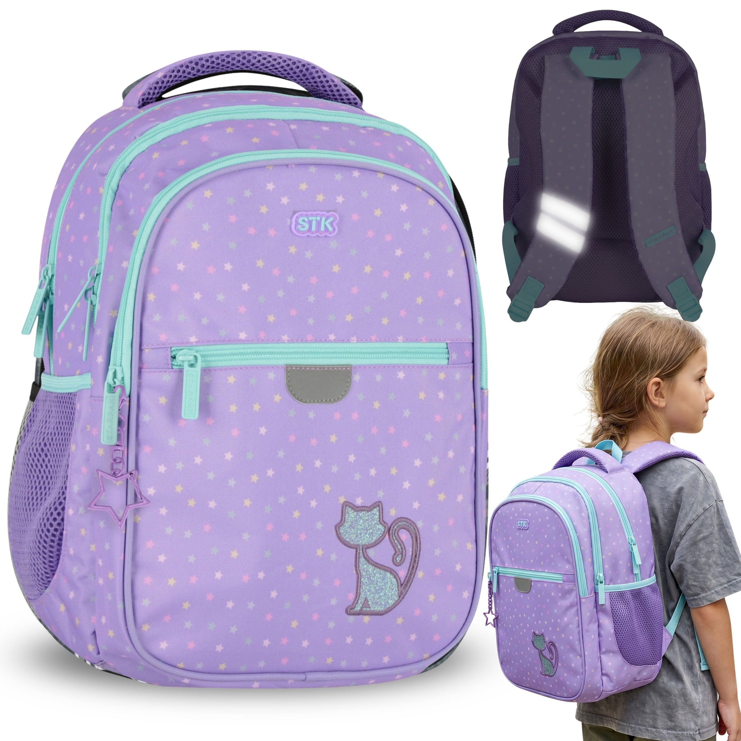Schulrucksack Katze Schulrucksack für Mädchen, Reflektoren, 4 Fächer, 24 l