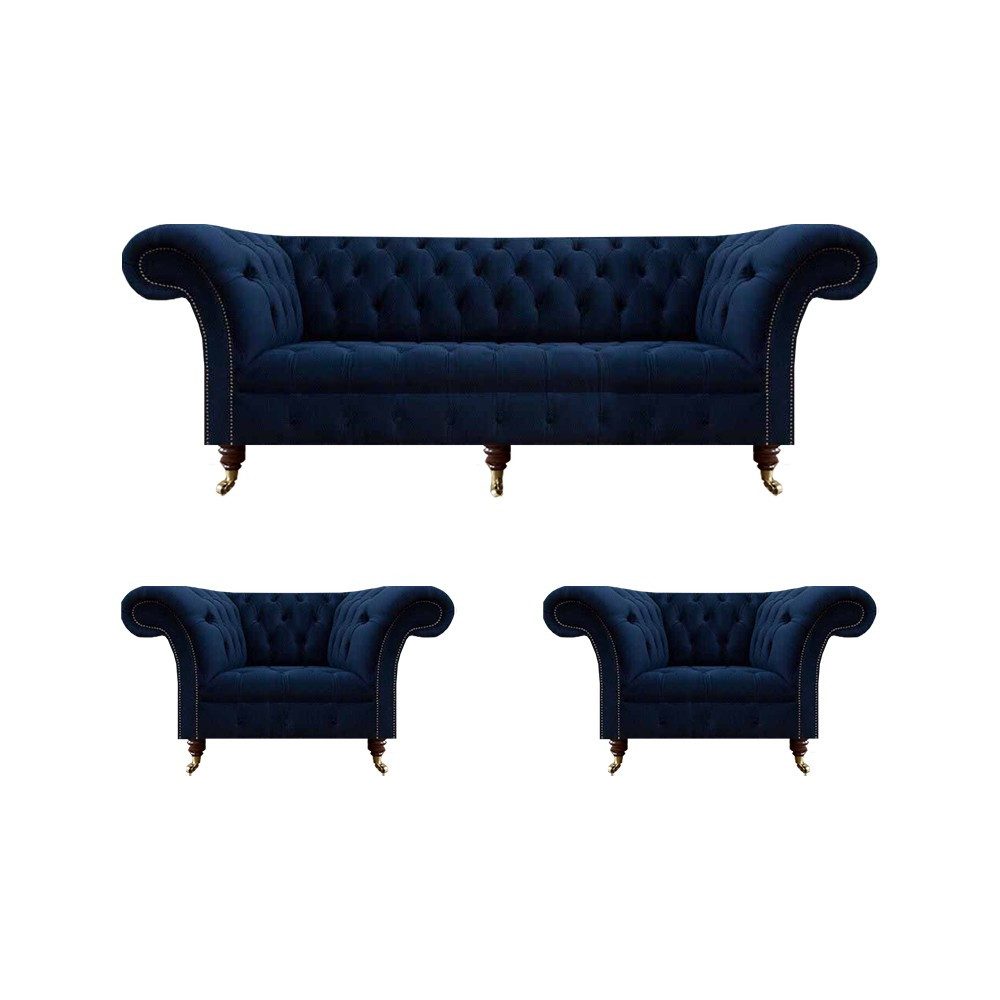 JVmoebel Chesterfield-Sofa Blaues Sofa mit Sessel im Chesterfield-Stil aus Stoff, 3 Teile, Made in Europa