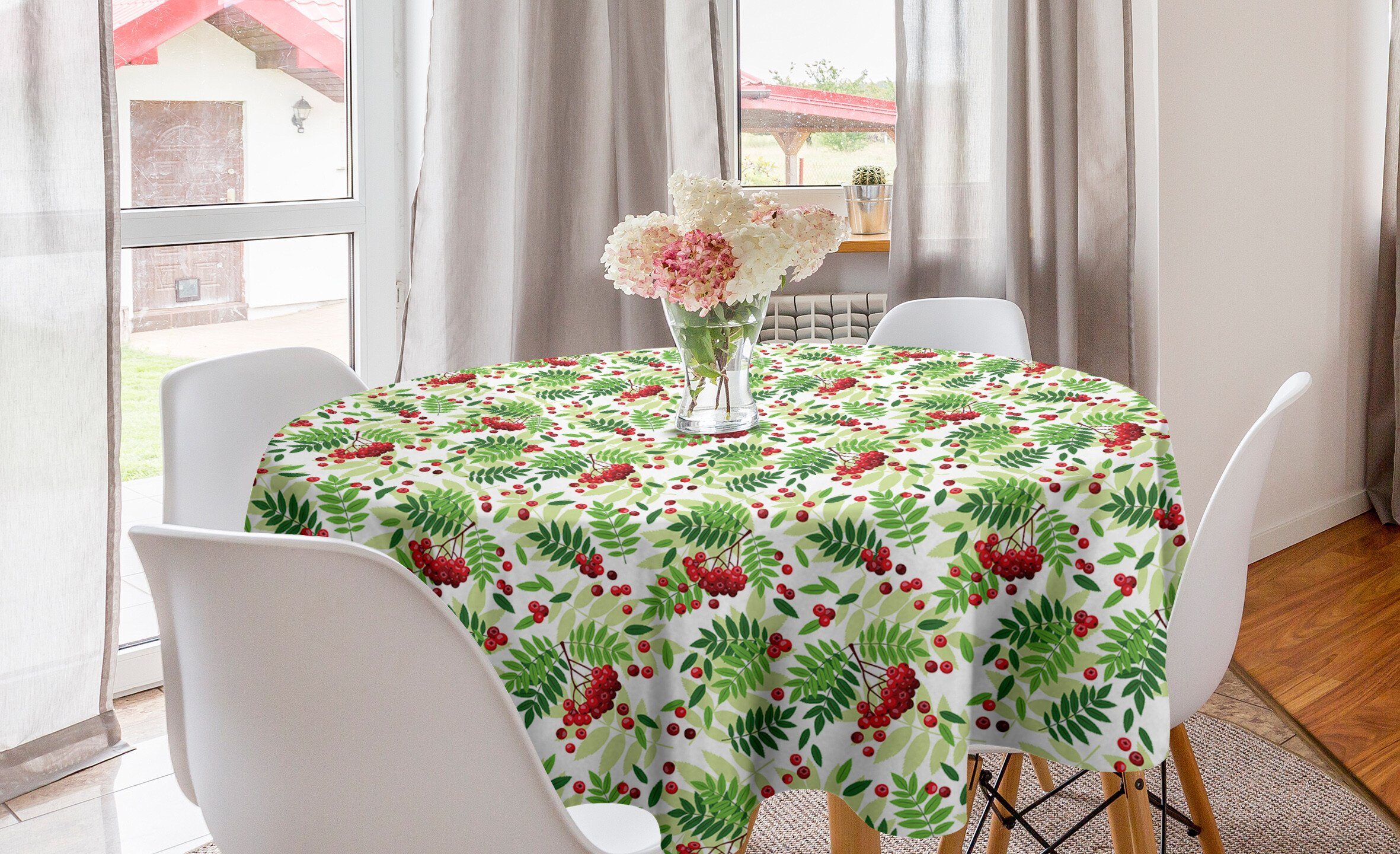 Abakuhaus Tischdecke Kreis Tischdecke Abdeckung für Esszimmer Küche Dekoration, Eberesche Grüne Blätter Wilde Früchte