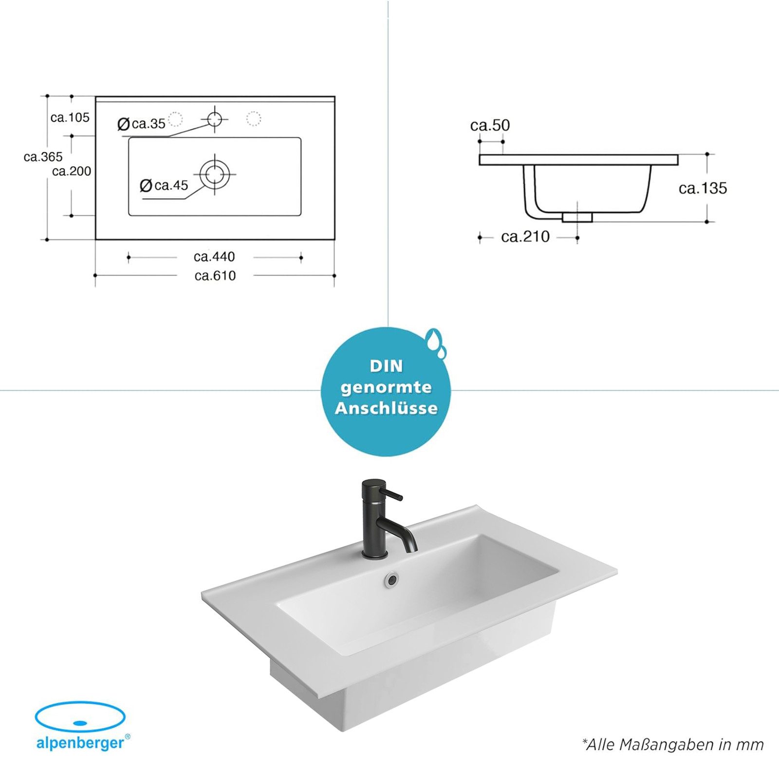 Alpenberger Einbauwaschbecken Waschbecken 60 cm Breit, Keramik Waschtisch mit Nano Beschichtung (1-tlg., Waschbecken Rechteckig mit Beschichtung), Eckiger Wasch – Bild 5 von 5
