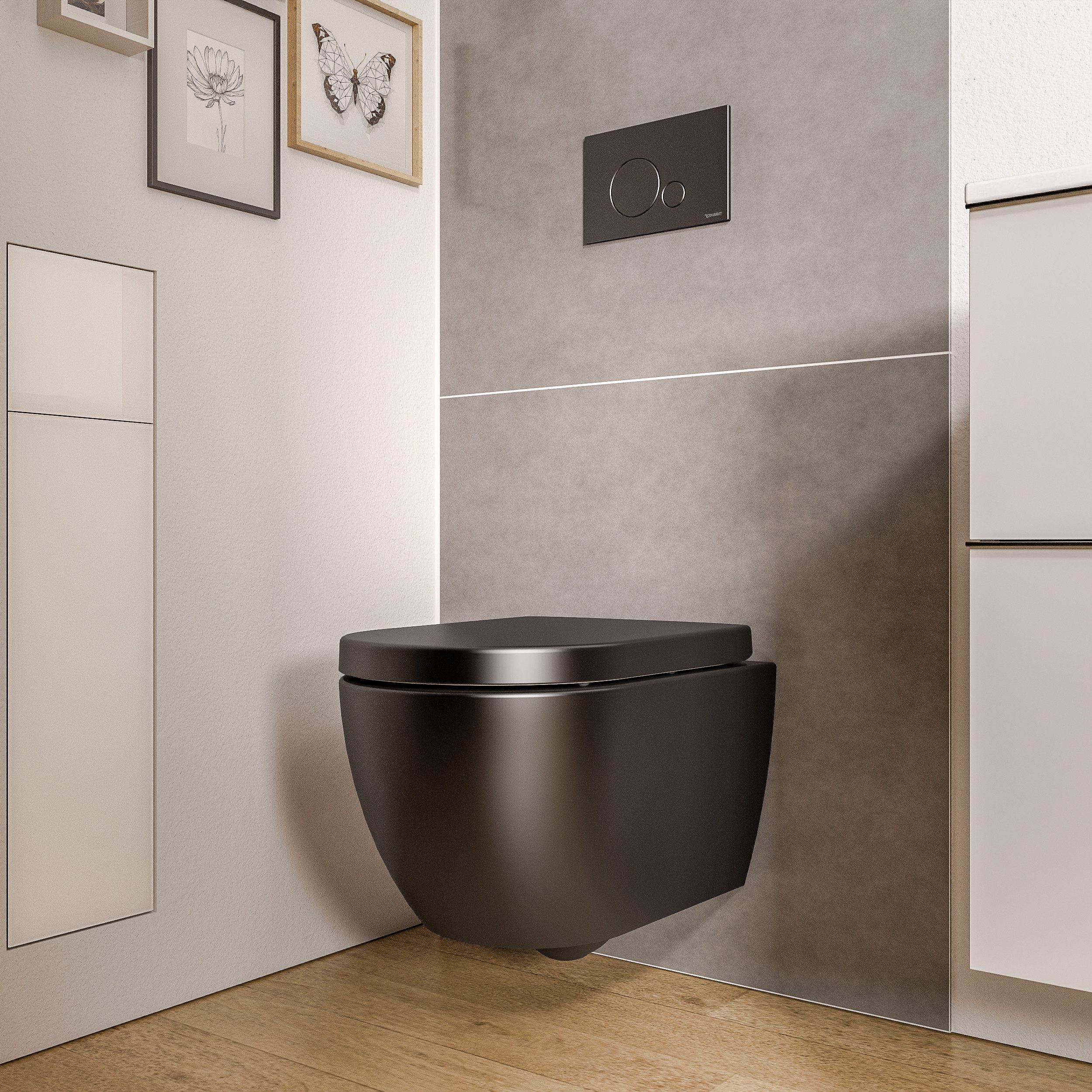 Bernstein Tiefspül-WC VIREO, Wandhängend, Wand-WC Set rund Schwarz matt Spülrandlos Softclose