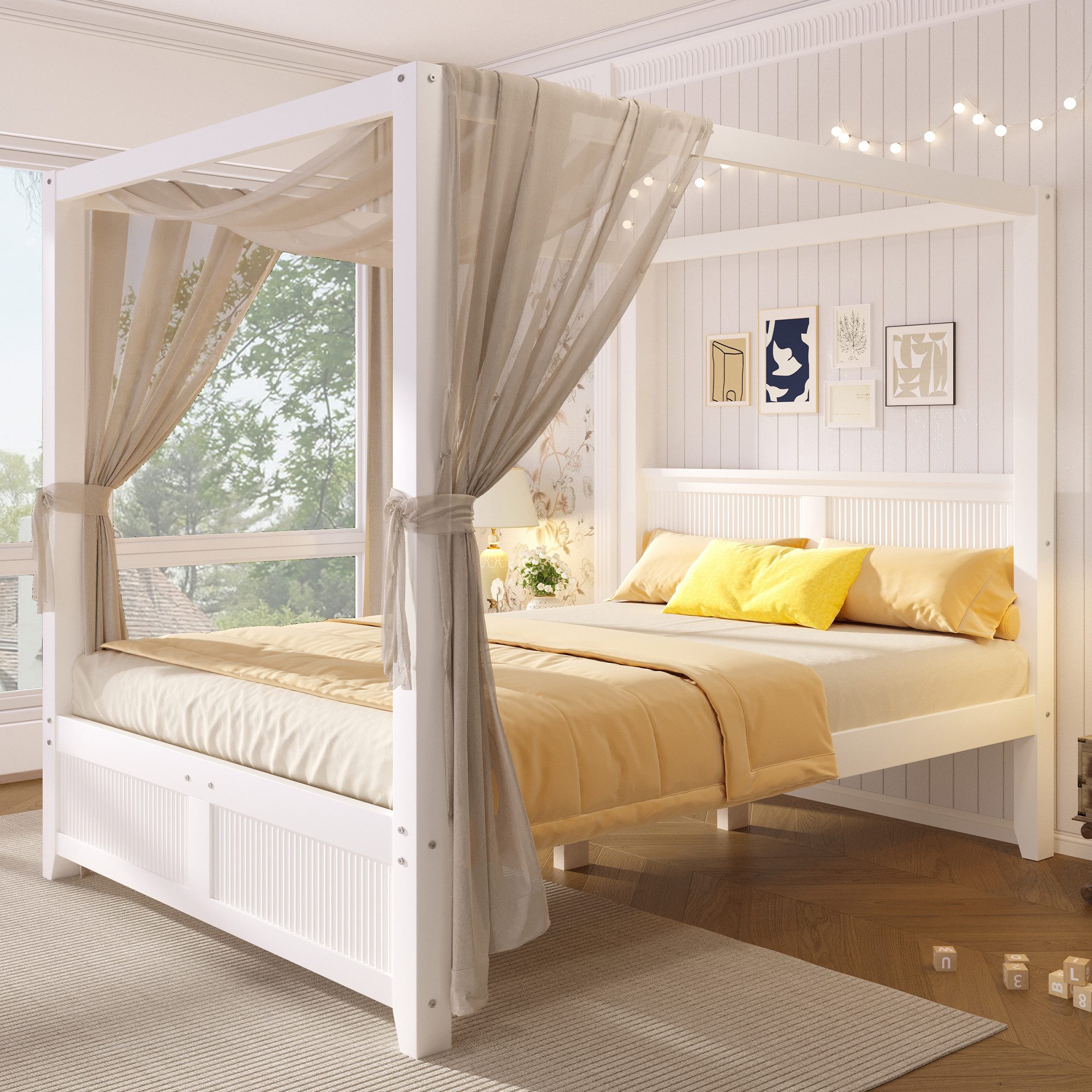 Flieks Himmelbett, Holzbett 140x200cm mit Lattenrost und dekorativem Dachrahmen