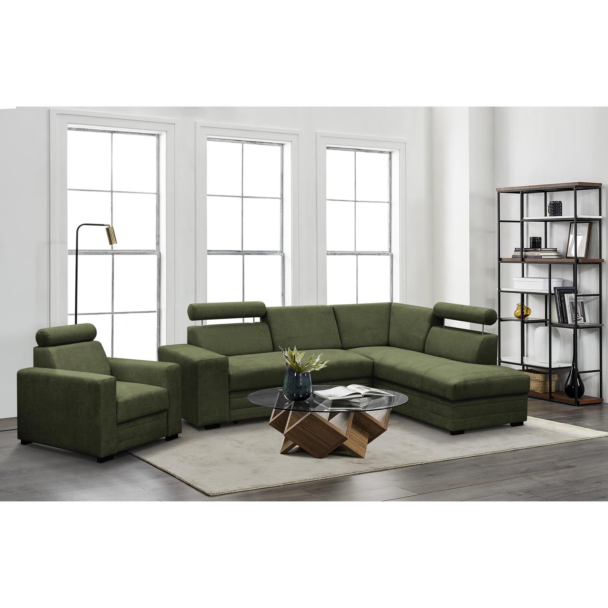 für Ecksofa Schlaffunktion, gepolstertes 75) Sessel Kopfstützen), Bettkasten, Roma, (modernes Grün aus Polstergarnitur verstellbare mit Sessel, Set Bonnell-Federn Beautysofa mit Wohnzimmer Eckgarnitur (vardo