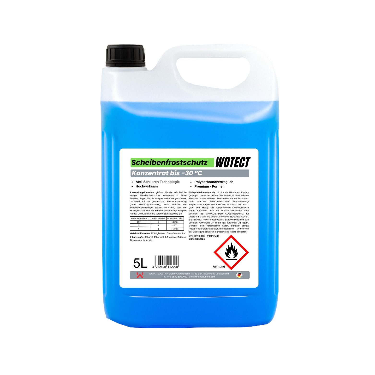 Wotect Scheibenfrostschutz -30 °C Frostschutzmittel Konzentrat, bis -30 °C, 5 l, 1 St., Bis -30 °C, polycarbonatverträglich, lack- & materialschonend