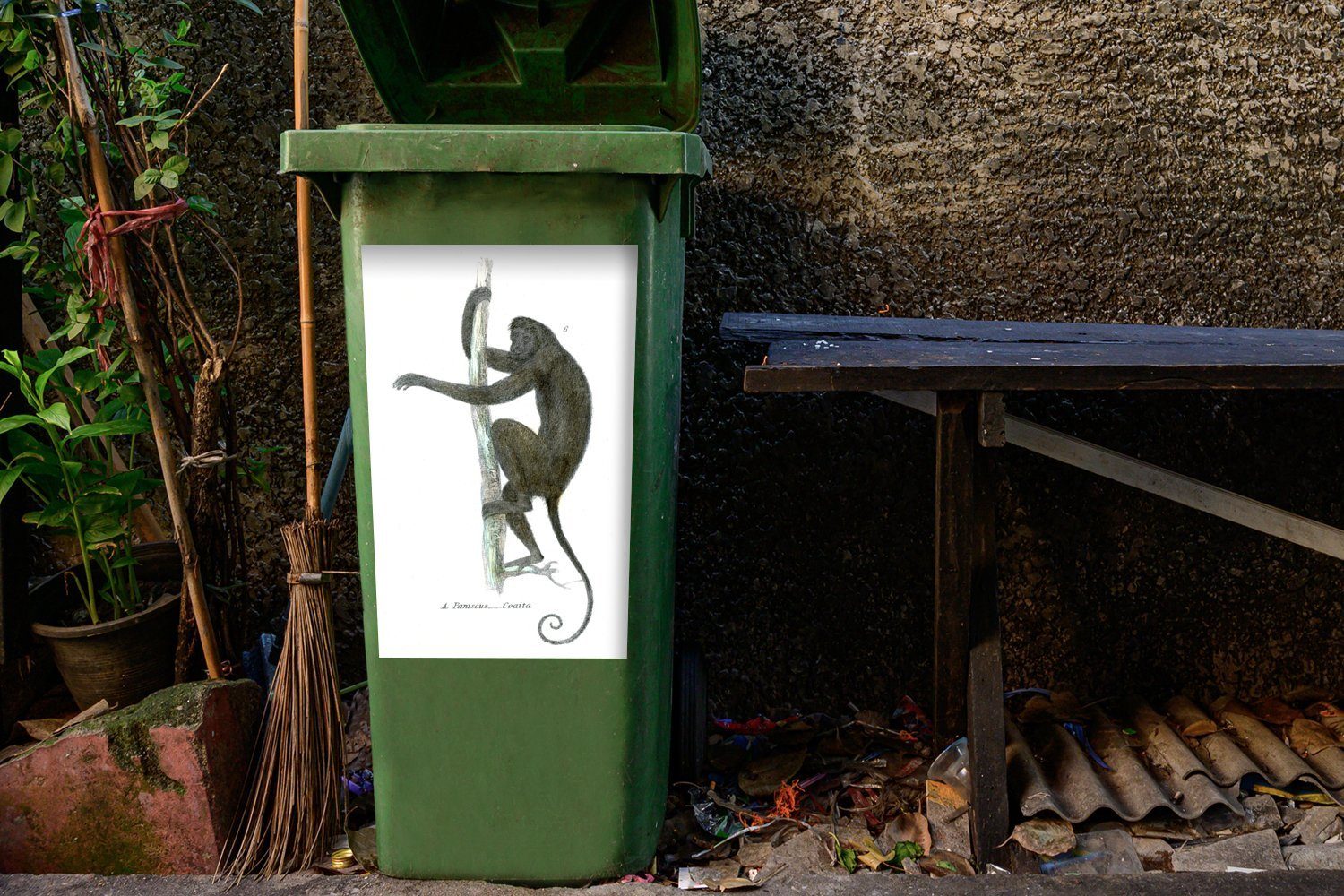 MuchoWow Wandsticker Eine (1 Abfalbehälter eines auf Bambusstab St), Container, einem Klammeraffen Illustration Mülltonne, Sticker, Mülleimer-aufkleber