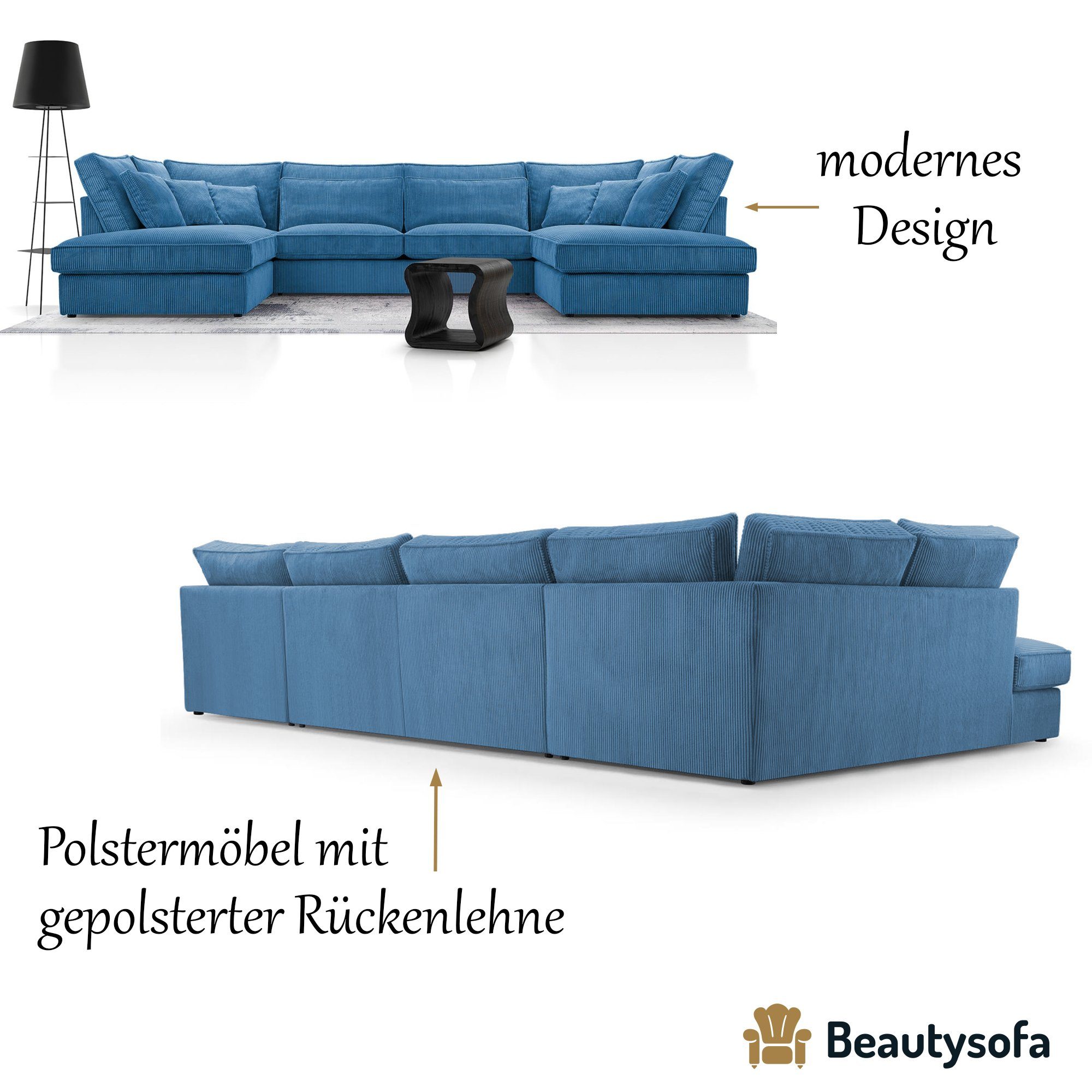 aus 75) cm (lincoln Polsterecke 407 Blau große Wohnlandschaft Beautysofa Sofa, modern U-Form U, Corner u-förmige Parma Velours, Ecksofa