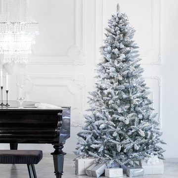 Fairytrees Künstlicher Weihnachtsbaum FT13, Fichte Natur-Weiss mit Schneeflocken, und Echtholz Baumständer