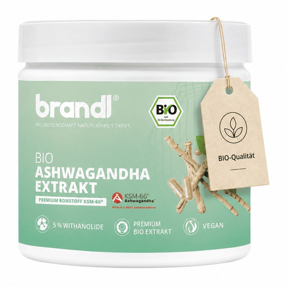 Brandl Nutrition BIO Ashwagandha Extrakt KSM66 - ohne Zusatzstoffe, 600 mg pro Kapsel Kapseln, Bio Qualität, Premium Extrakt hochwertiges KSM 66, laborgeprüft
