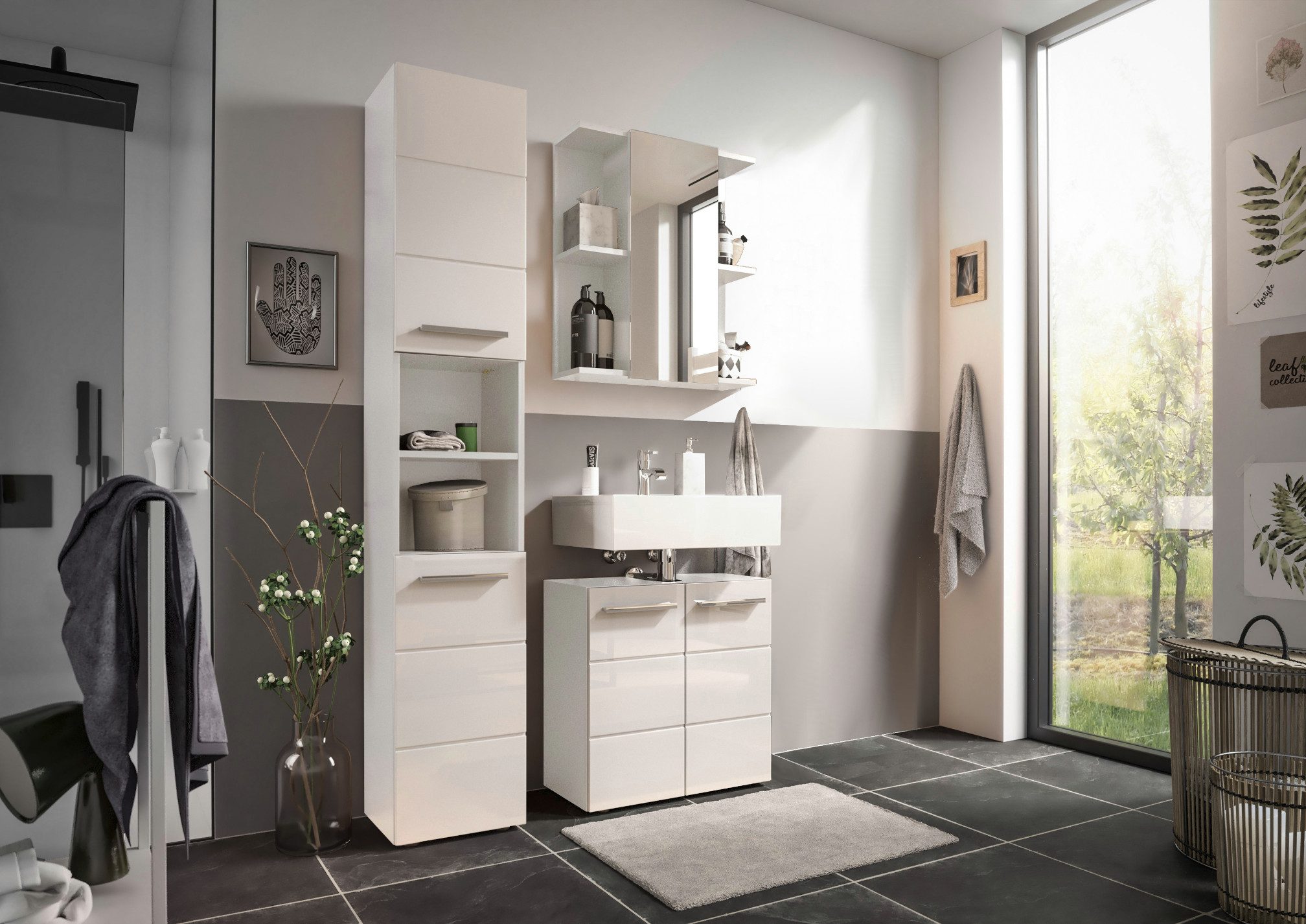 moebel-dich-auf Badmöbel-Set MANDY, (Set 2, Hochschrank, Spiegelschrank, Waschbeckenunterschrank, 3-St)