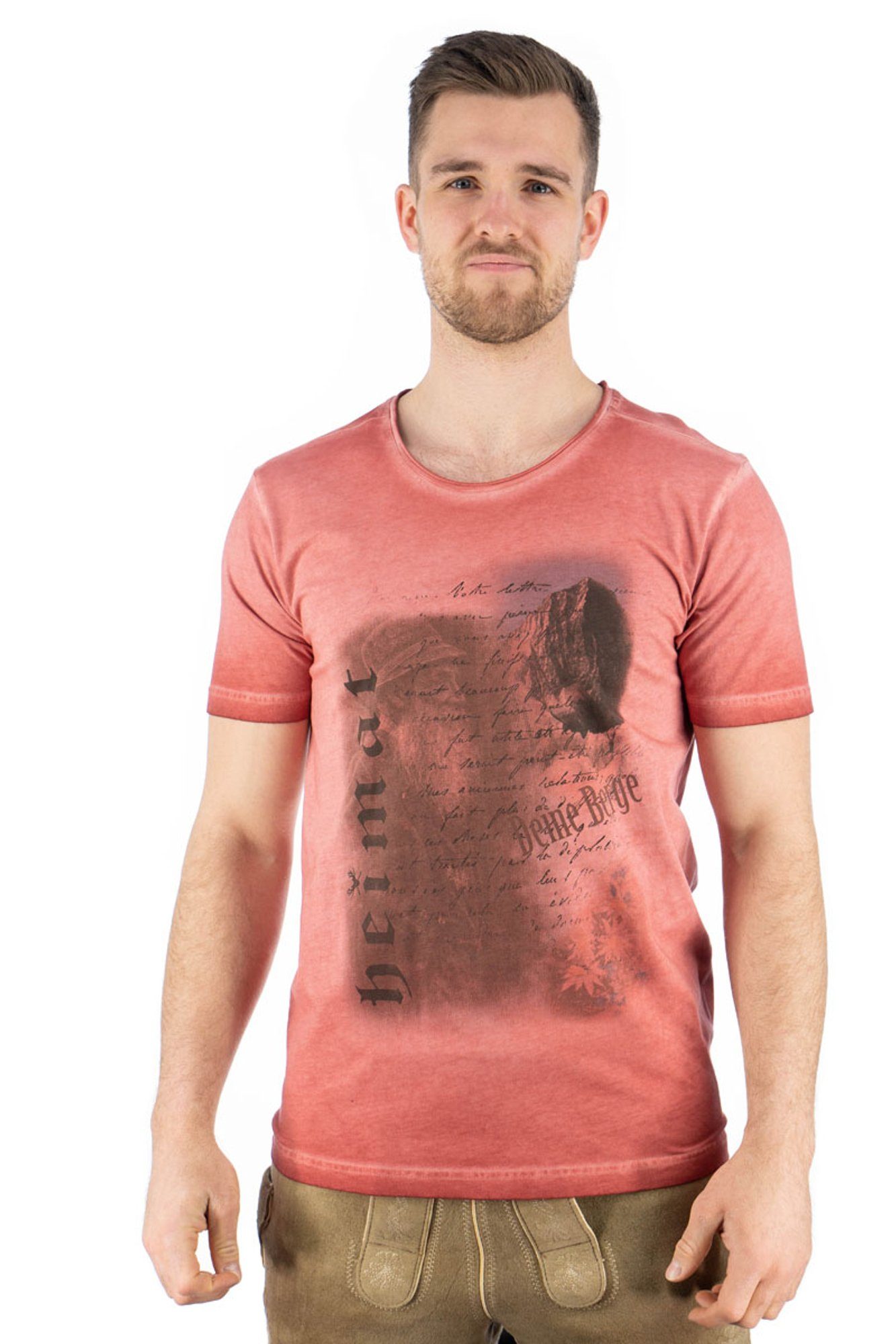 OS-Trachten Motivdruck weinrot T-Shirt Praiol Kurzarm Trachtenshirt mit