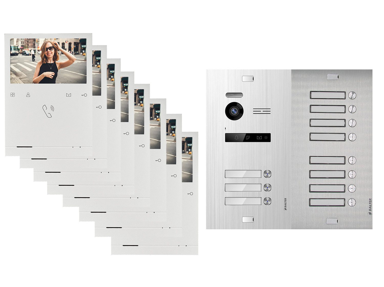Balter Video-Türsprechanlage BALTER Türsprechanlage EVO QUICK mit 11x 4,3 11-Familienhaus Silber (Set, 11-Familienhaus, Komplettset, Analog 150° Kamera, Farbdisplay-Monitor)