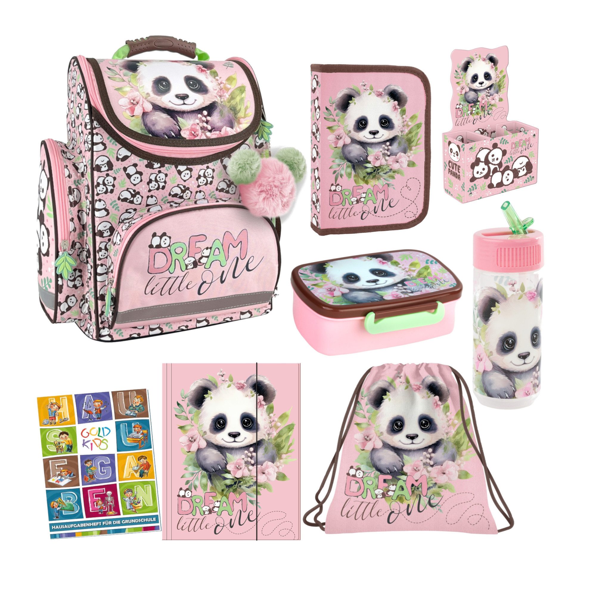 GOLDKIDS Schulranzen für Jungen und Mädchen, 8er-Set - (Schul-Rucksack für Kinder mit Federmäppchen -, 1-tlg., Schuhbeutel Trinkflasche und Brotdose), - Panda Motiv - 1-3 Klasse
