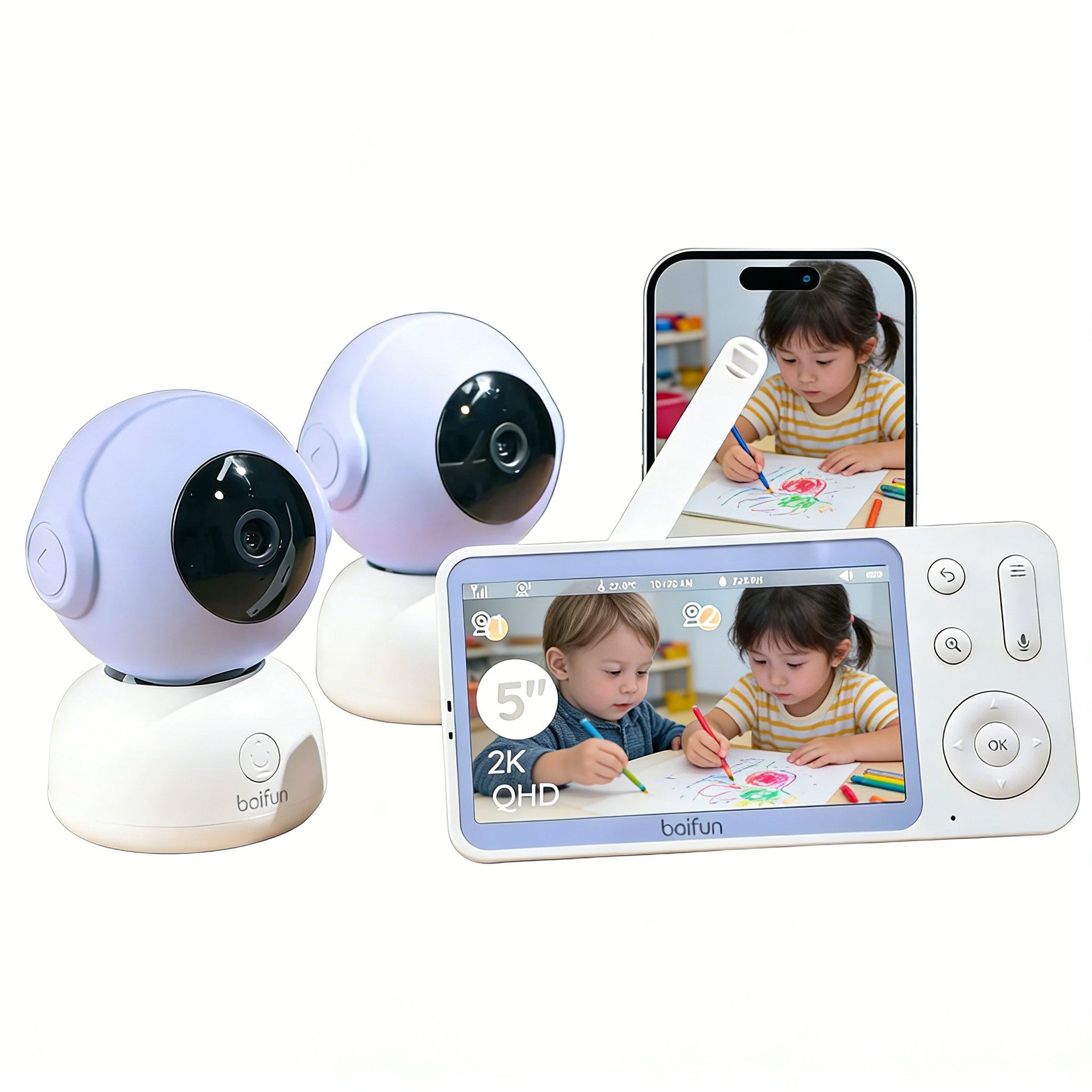 Boifun Video-Babyphone Babyphone 720P mit Kamera 5 Zoll Baby Monitor, mit Kamera und Audio WLAN, 3000-mAh-Akku, 1-tlg., unterstützt Temperaturüberwachung Schlaflied Wecker, Nachtsicht, Bidirektionales Interkom, Zwei-Wege-Audio VOX-Modus