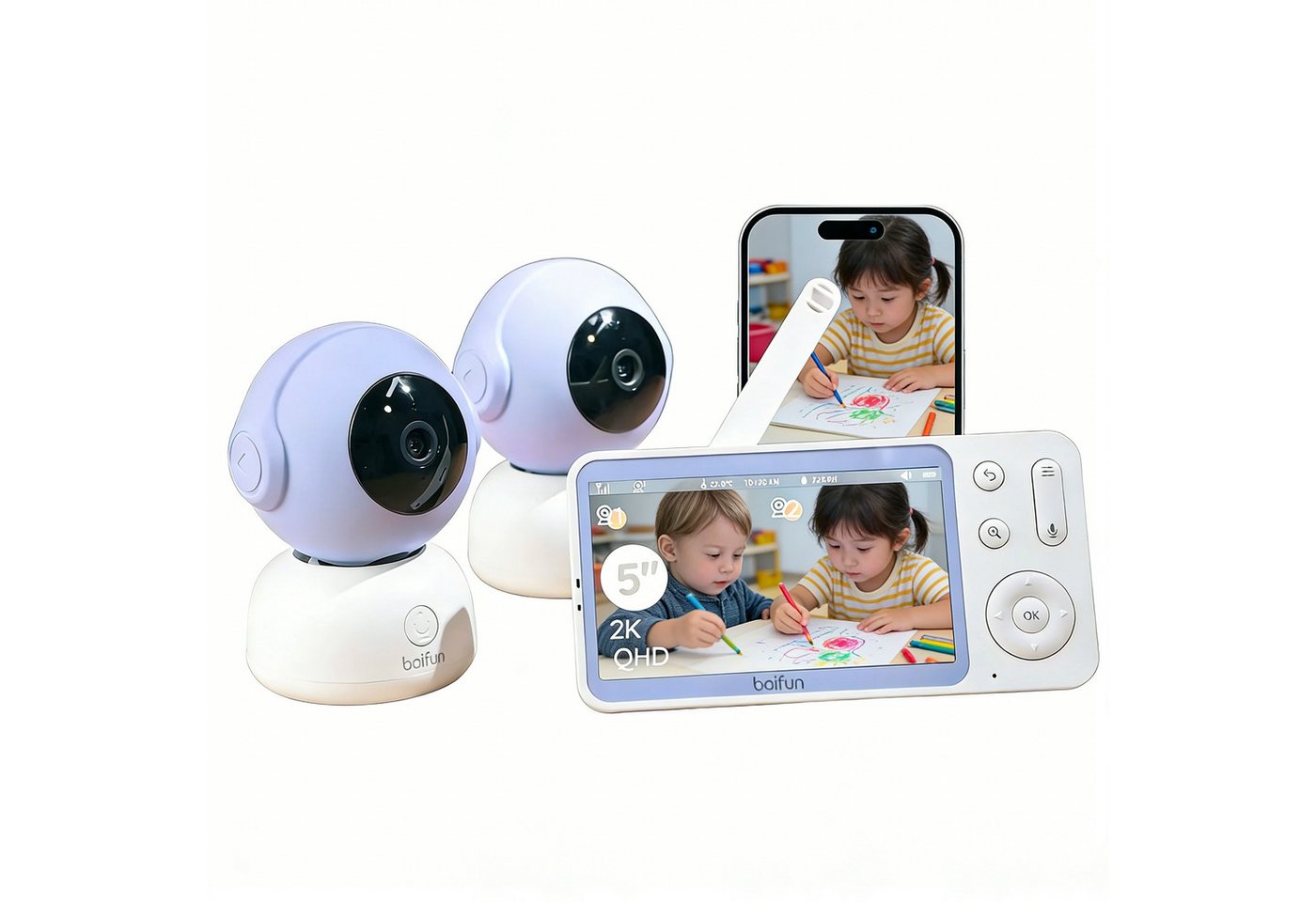 Boifun Video-Babyphone Babyphone 720P mit Kamera 5 Zoll Baby Monitor, mit Kamera und Audio WLAN, 3000-mAh-Akku, 1-tlg., unterstützt Temperaturüberwachung Schlaflied Wecker, Nachtsicht, Bidirektionales Interkom, Zwei-Wege-Audio VOX-Modus