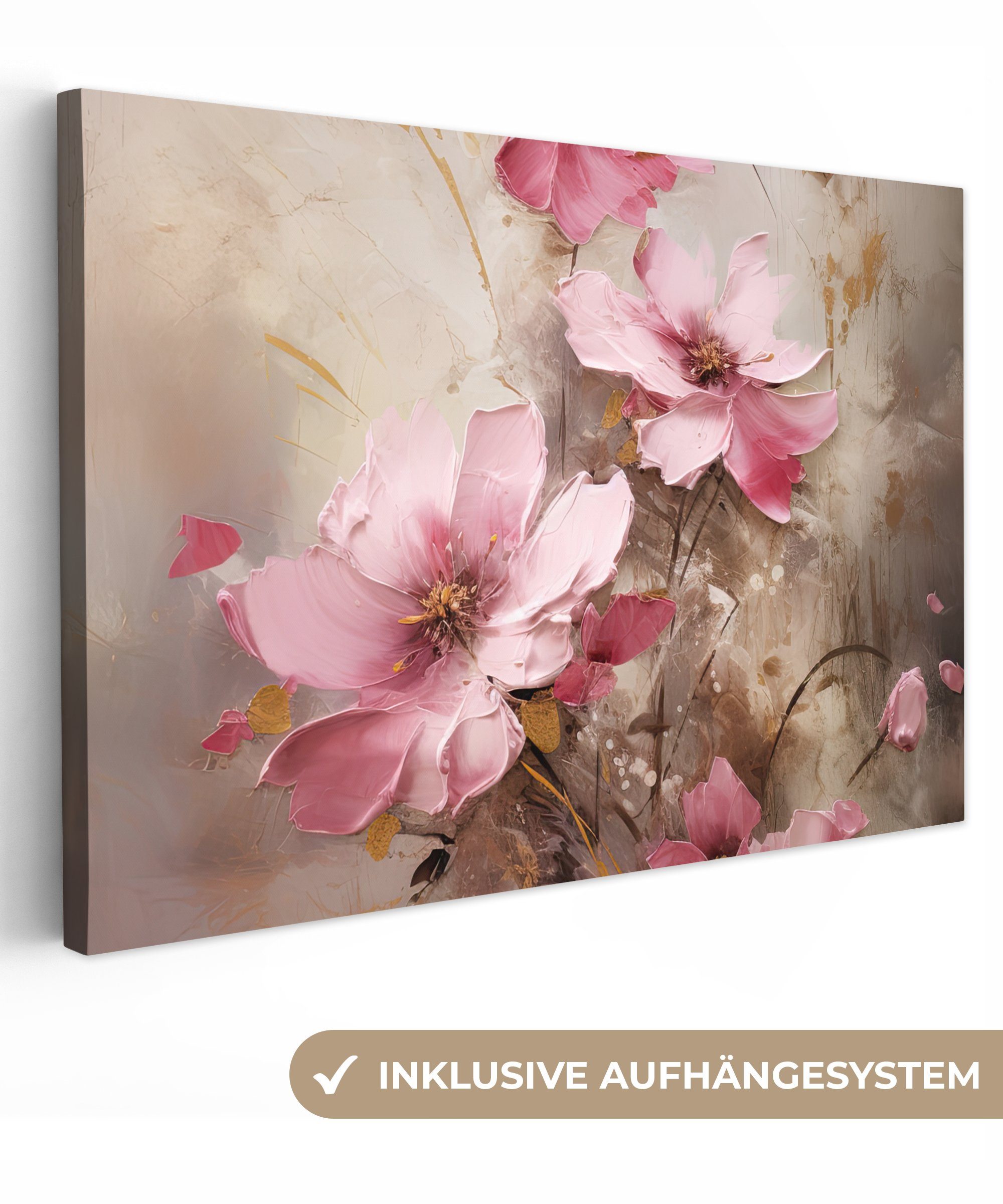 OneMillionCanvasses® Leinwandbild Blumen - Rosa - Kunst - Aquarell, (1 St), Leinwand Bilder Klein, Wand Dekoration 30x20 cm