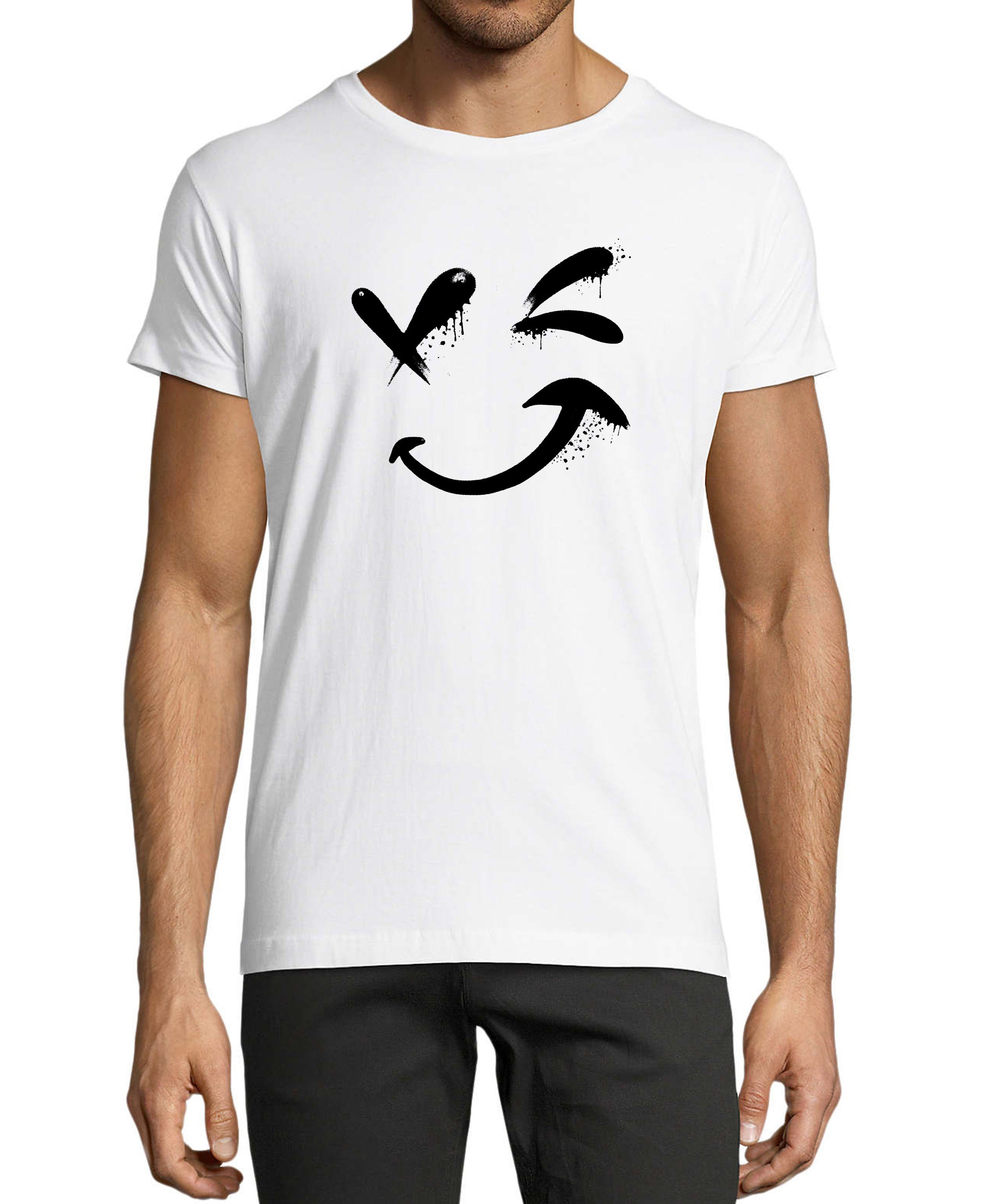 MyDesign24 T-Shirt Herren Smiley Print Shirt - Zwinkernder Smiley Baumwollshirt mit Aufdruck Regular Fit, i294 weiss