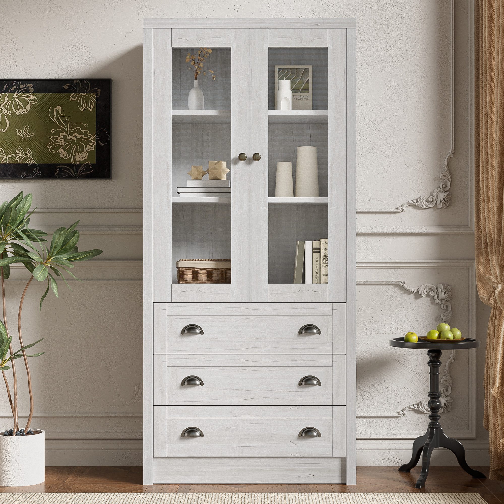 STILVORA Vitrine Wohnzimmerschrank 80x34x171cm Vitrine landhausstil mit Glastüren (Hochschrank, Lagerschrank, Highboard, Lagerschränke, 1-St., 2 Glastüren, 3 Schubladen) mit Robuste Konstruktion