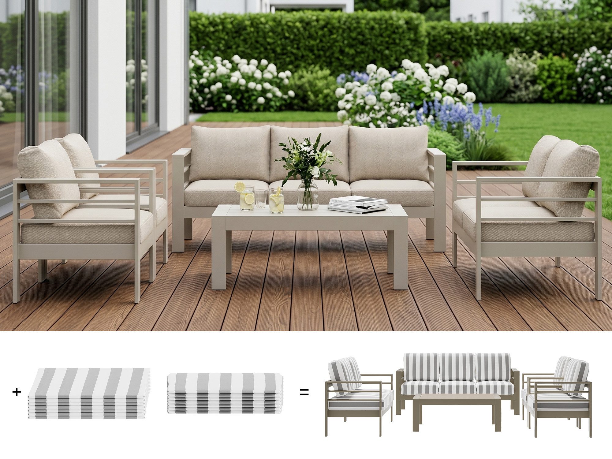 MeXo Gartenlounge-Set mit 2 Bezug-Sets Uni & Streifen, Aluminium Gartenmöbel Set wetterfest, (Terrassenmöbel Set für 6-7 Personen, 6-tlg., mit 12 cm dicken Sitzkissen, 8 cm breite Armlehnen), Gartensofa mit Tisch, pflegeleichte Polywood-Tischplatte, 140 kg/Sitz