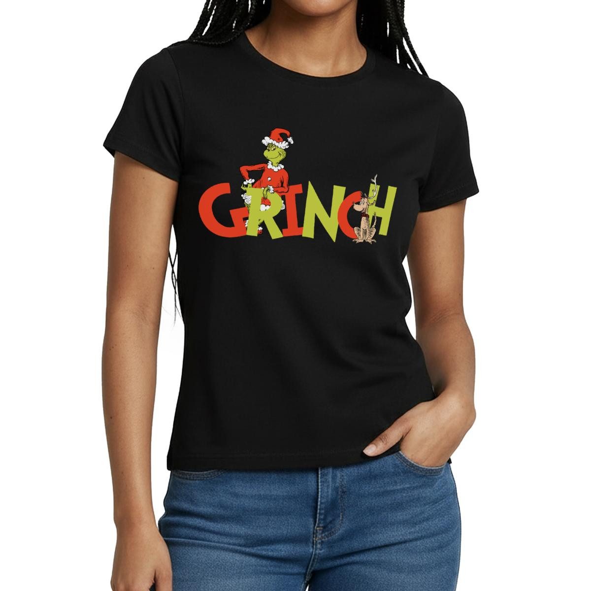 Spreadshirt T-Shirt Der Grinch Schriftzug Mit Grinch & Hund Max Frauen T-Shirt (1-tlg)