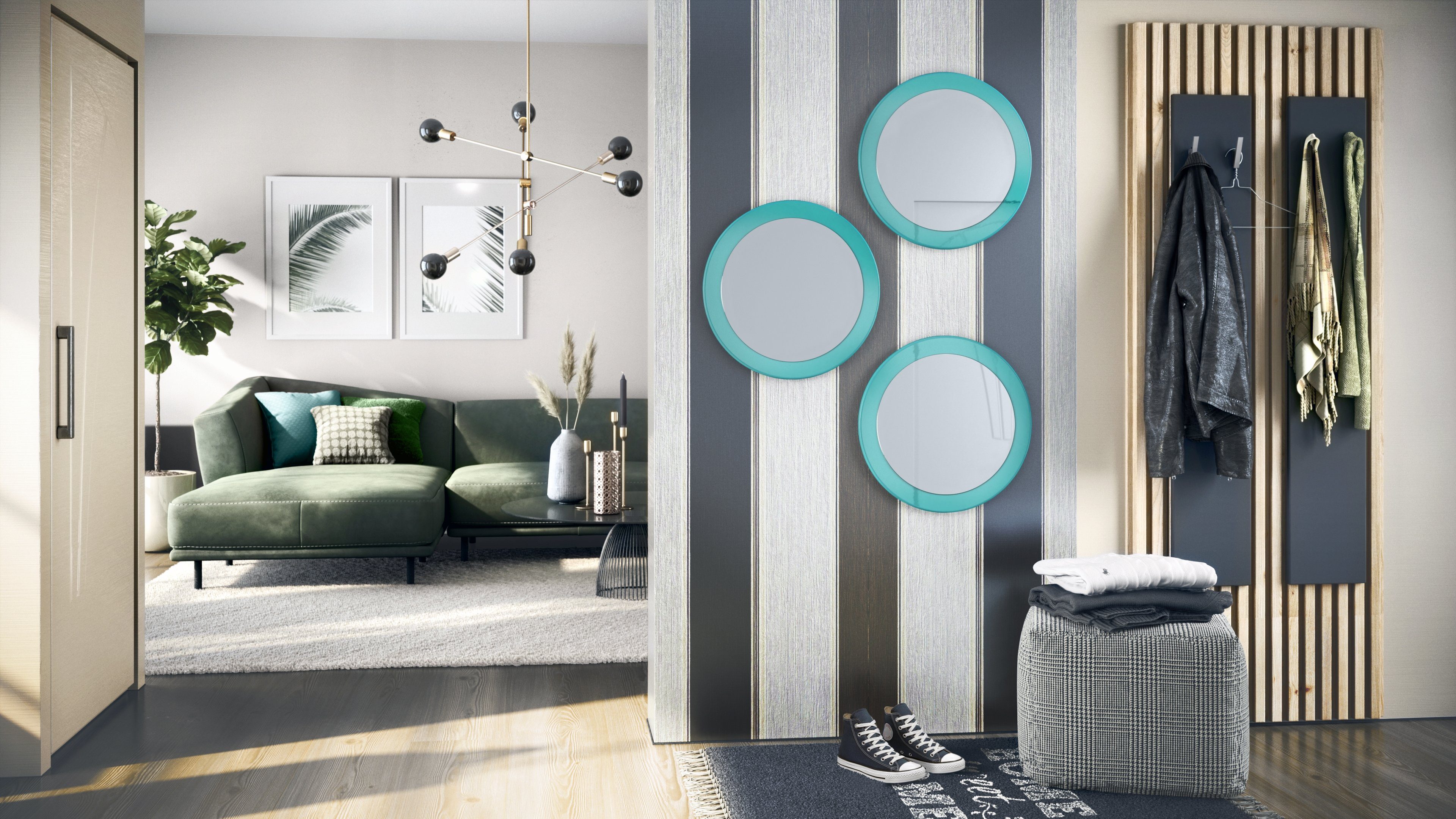 (3 und Spiegel, (50 Wohnzimmer Petrol Globe Wandspiegel cm Vladon dekorative Durchmesser) in runde Flur für MDF-Rahmen), Hochglanz mit