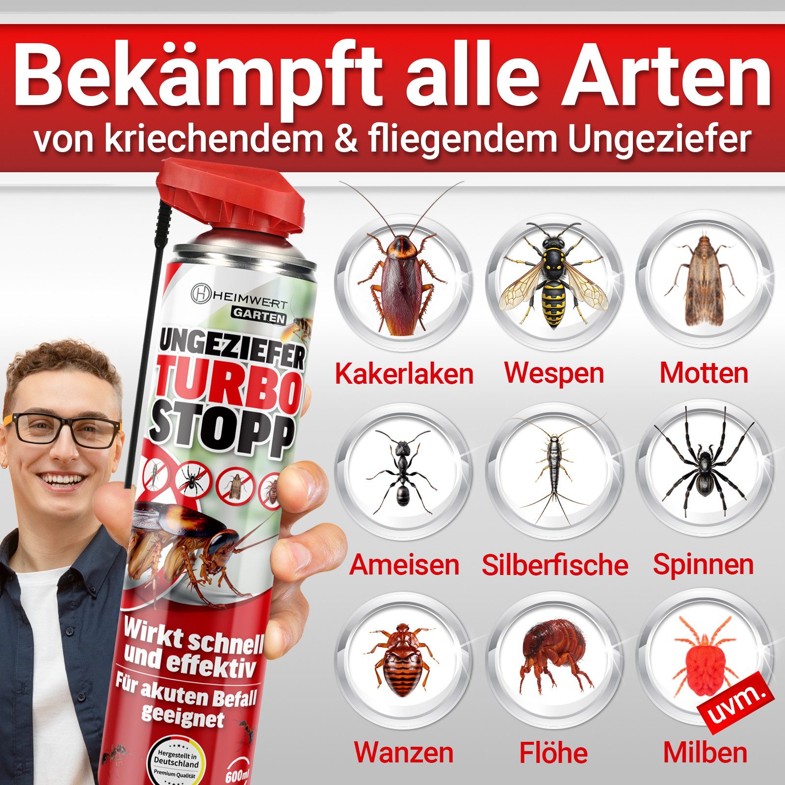 HEIMWERT Insektenspray Insektenspray Ungezieferspray, 600 ml, Akut gegen Ungeziefer – Sofortige Wirkung