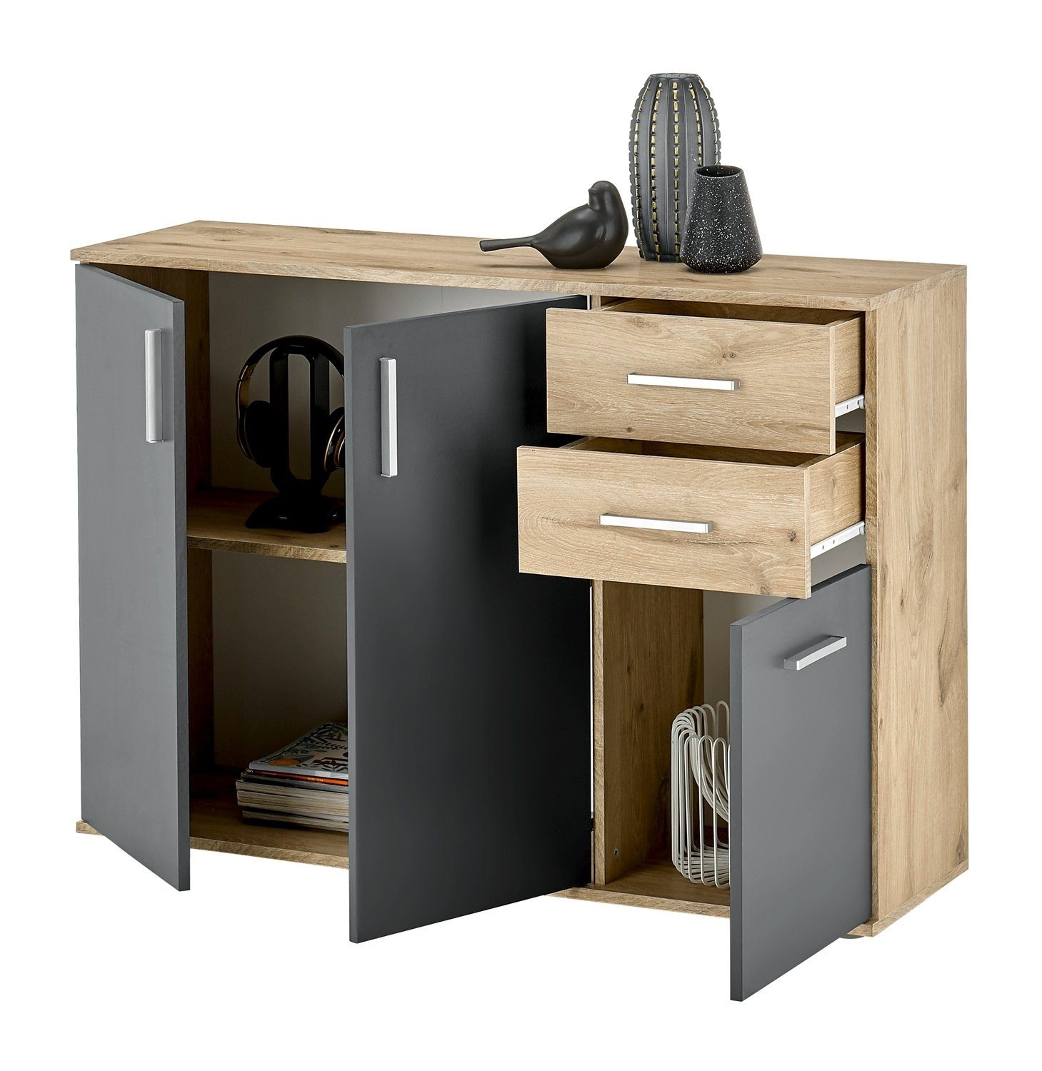 Bega Consult Kommode BC 1040, Grau matt, Viking Eiche Dekor, 3 Türen, 2 Schubladen, B 120 x H 84 x T 35 cm