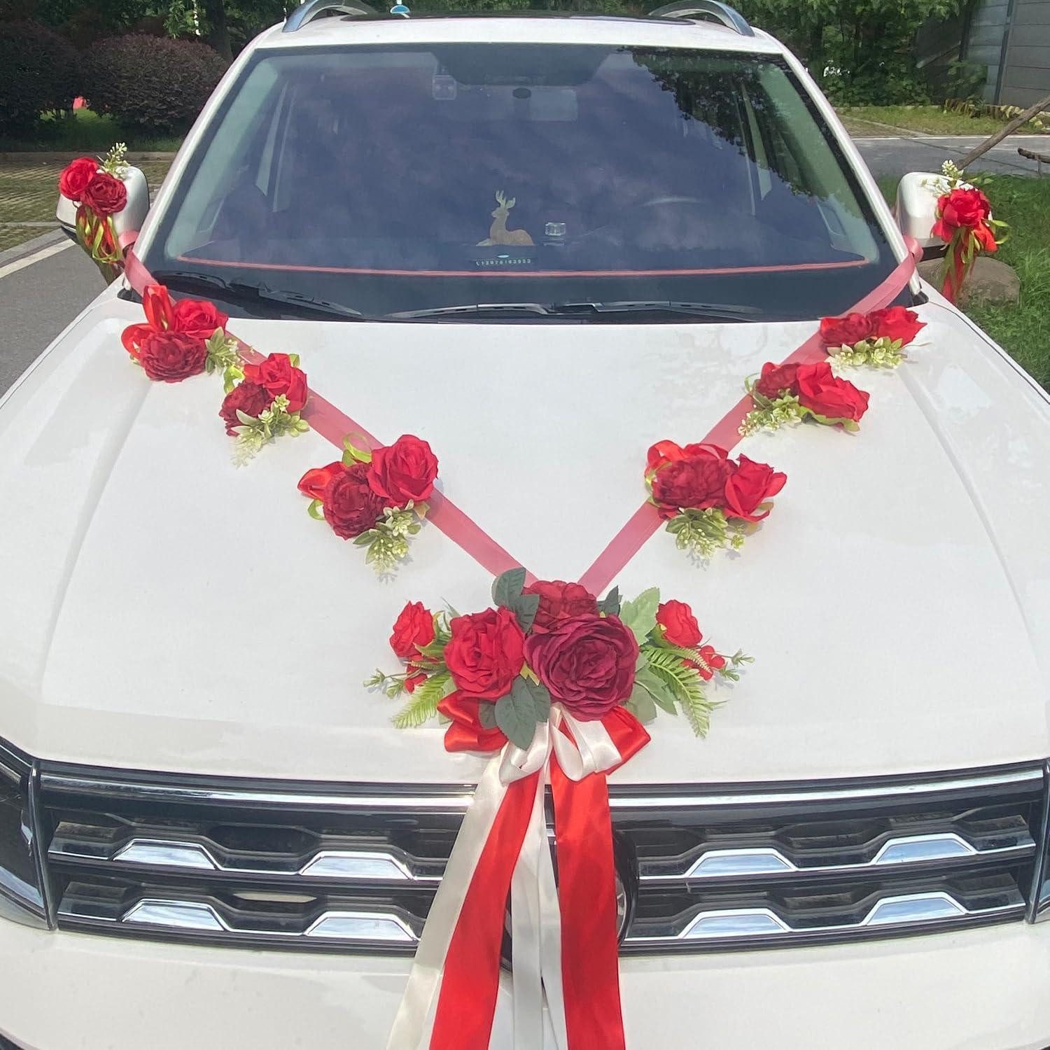LuxusKollektion Girlande Hochzeitsauto Deko Set Rot Blumen Girlande