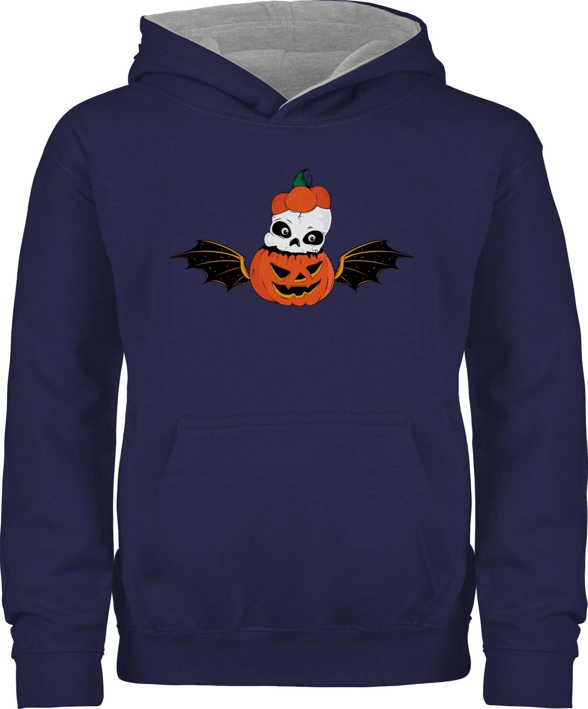 Shirtracer Hoodie Totenkopf Skelett Kürbis Fledermaus Kürbisgesicht Halloween Kostüme für Kinder 1 Navy Blau/Grau meliert