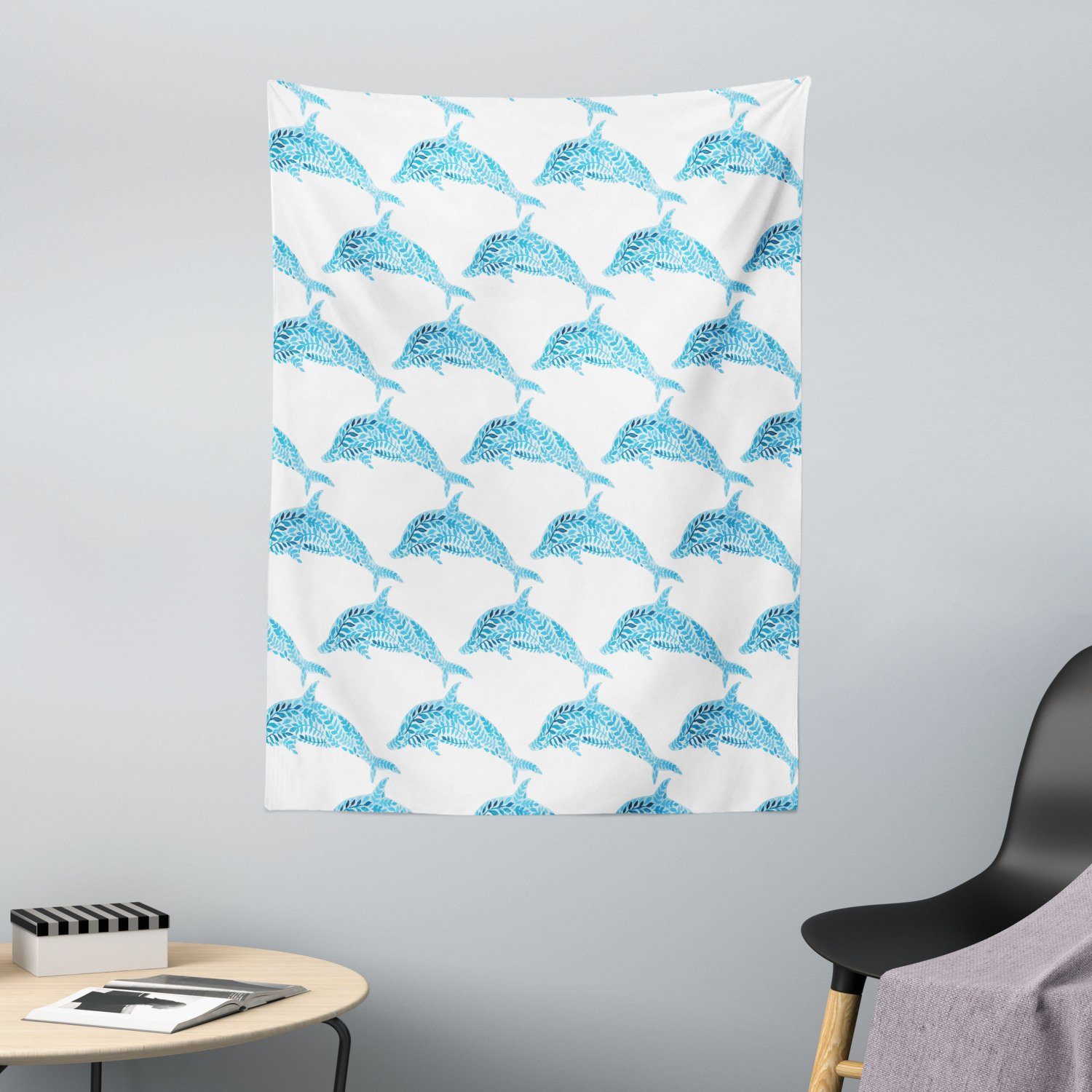 Wandteppich aus Weiches Mikrofaser Stoff Für das Wohn und Schlafzimmer, Abakuhaus, rechteckig, Meer Aqua Dolphins Leaves