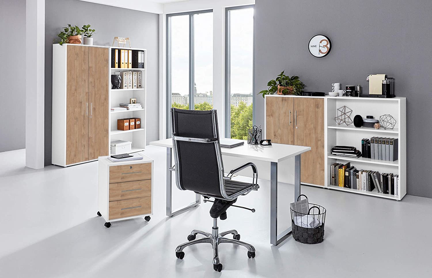 moebel-dich-auf Büromöbel-Set TABOR Set 1, (abschließbar, 6-tlg., Schreibtisch mit Rollcontainer + 2 Aktenschränke + 2 Aktenregale), mit Edelstahlgriffen & lackierten Fronten, MADE IN GERMANY