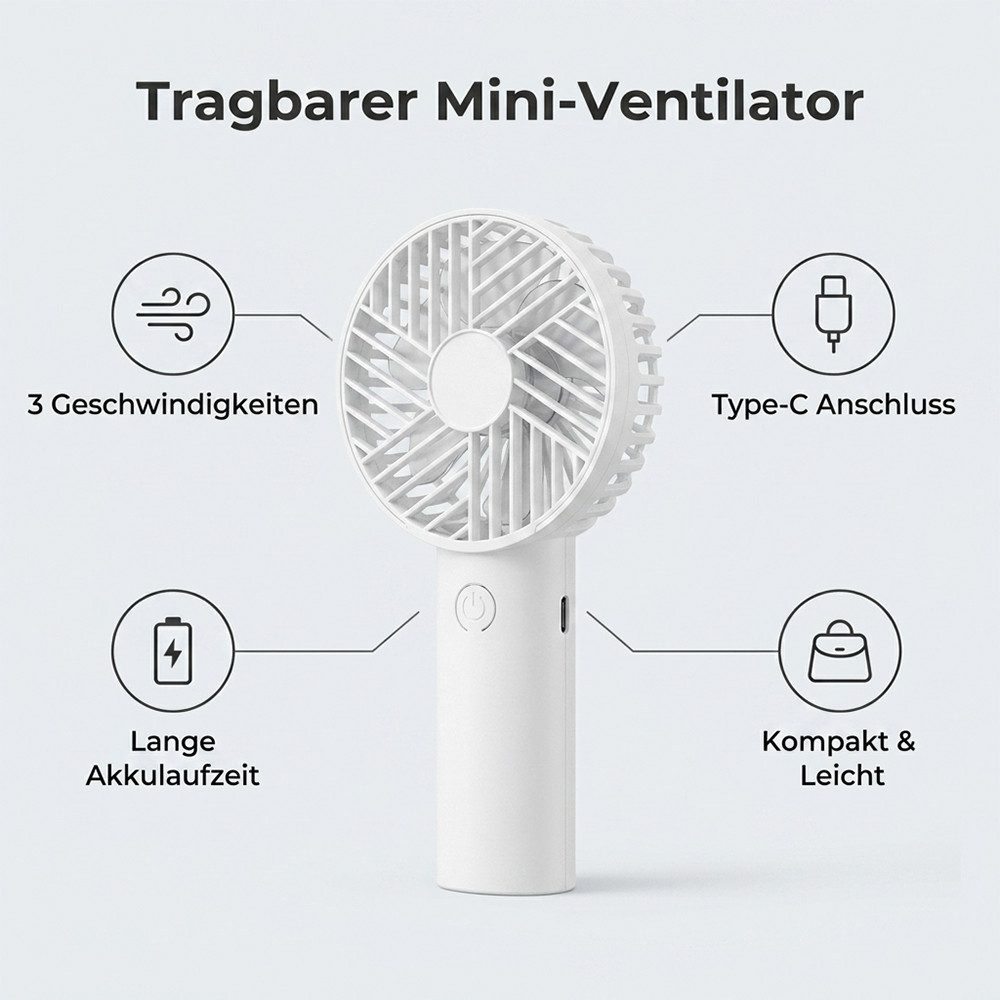 nsihing Handventilator Tragbarer Mini Ventilator, Wiederaufladbar USB Ventilator, mit 3 Geschwindigkeitsstufen, Hand Ventilatoren mit Base