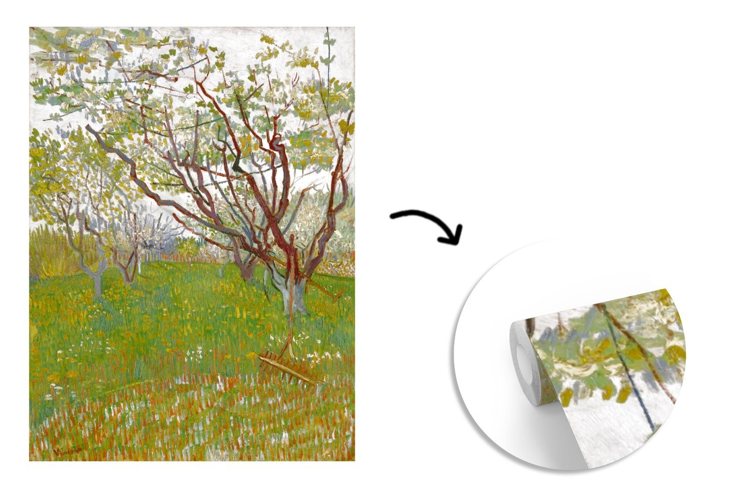 Wandtapete van blühende Wohnzimmer, MuchoWow bedruckt, Montagefertig Tapete Vincent Gogh, Fototapete für (4 Obstgarten Der Vinyl Matt, St), -