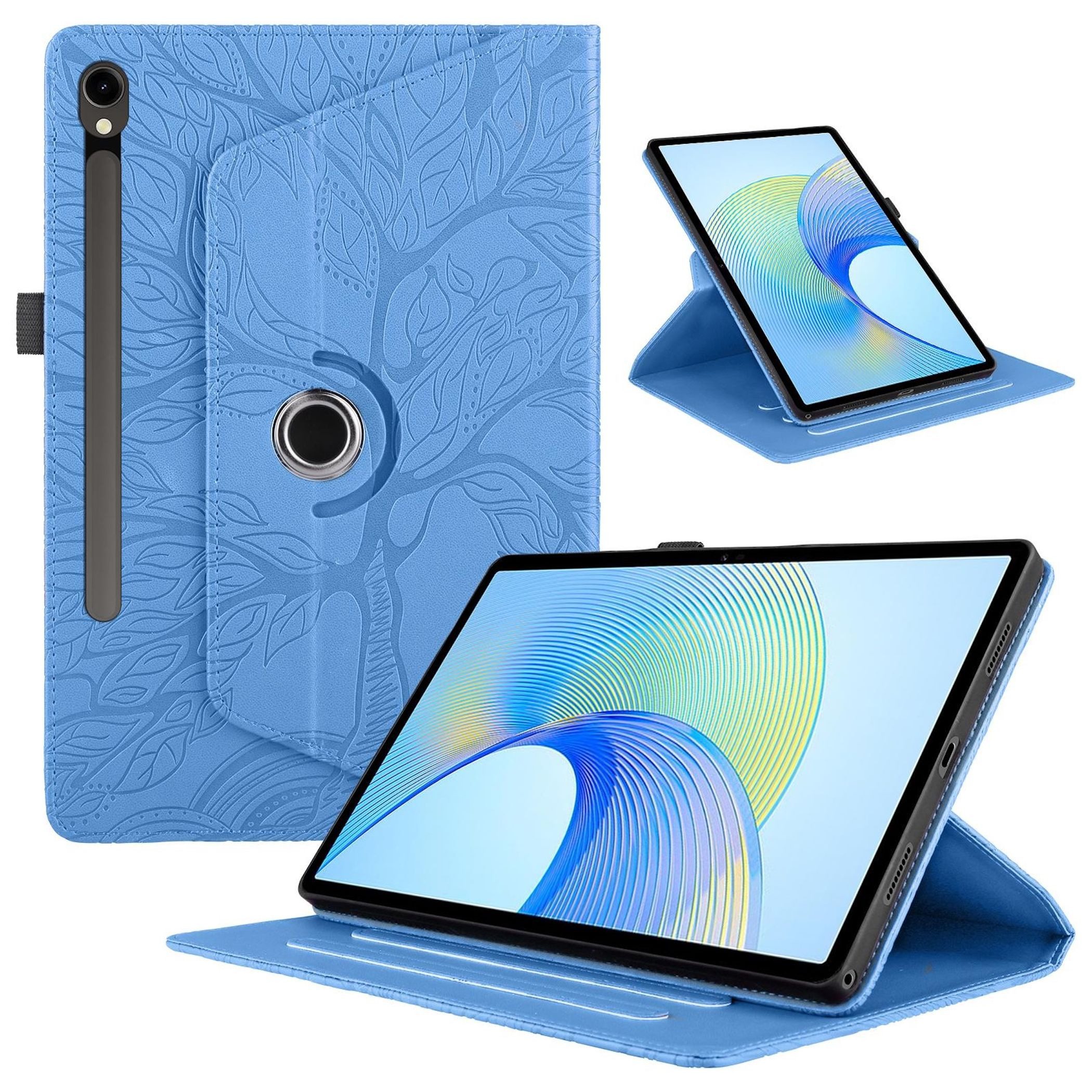 Wigento Tablet-Hülle Für Samsung Galaxy Tab S10 FE Plus 360 Baum Kunstleder Tasche Blau, 360° Drehfunktion, Baum des Lebens Motiv, Standfunktion