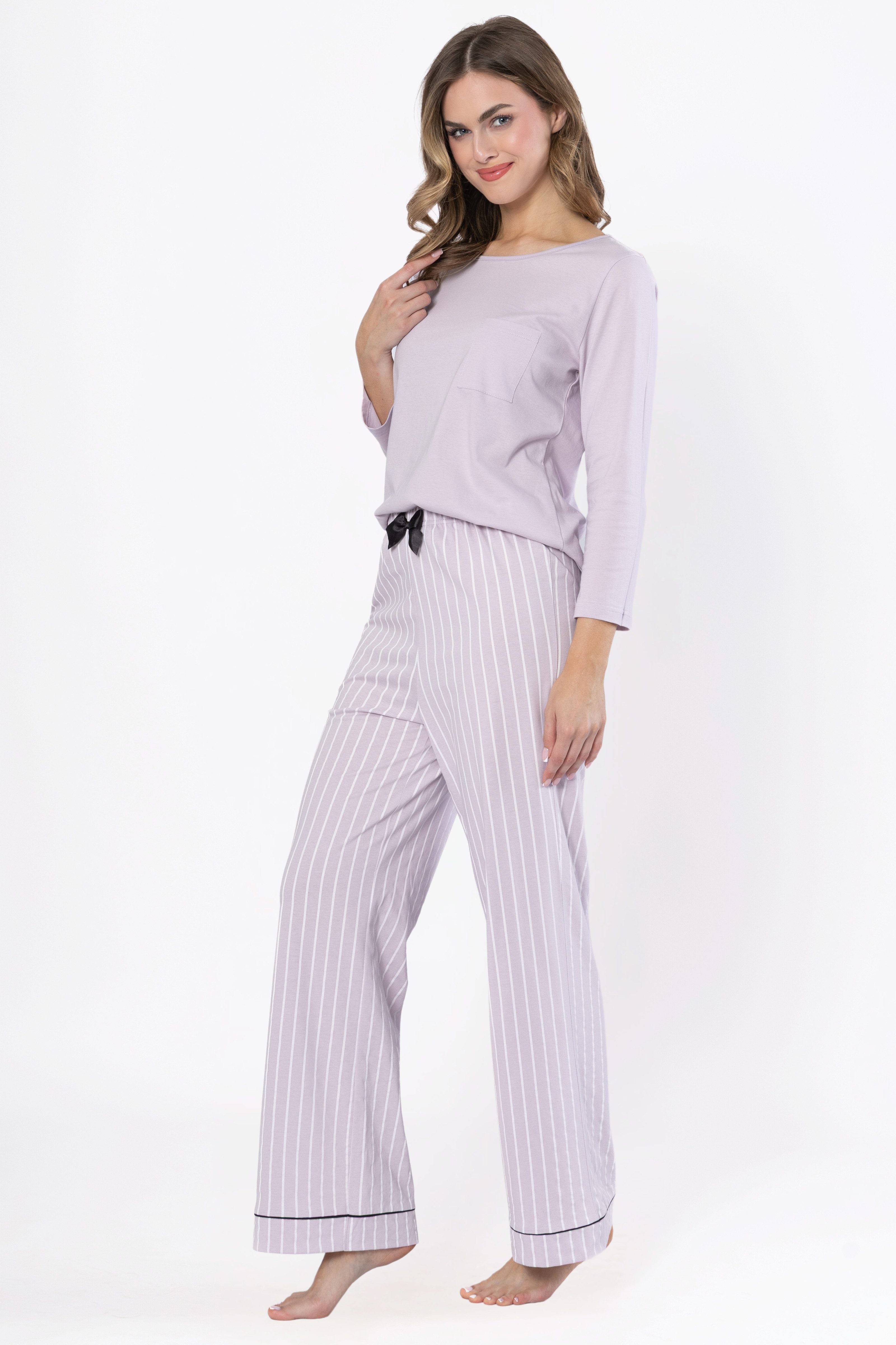 COOLISMO NIGHTWEAR Pyjama klassischen Damen Schlafanzug-Set, 3/4-Arm-Shirt & lange Hose (Set, 2 tlg) mit Streifen-Design, 100% Baumwolle