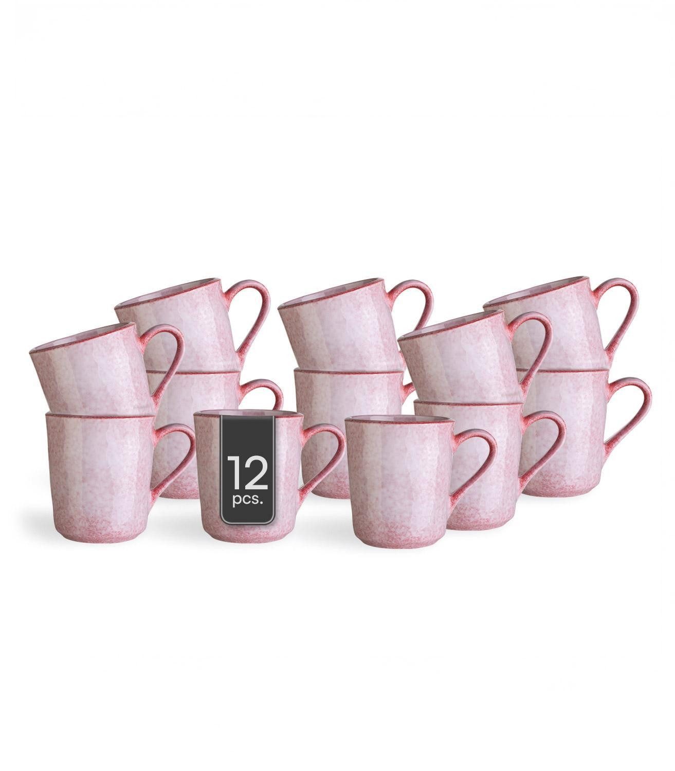 Home4You Becher Kaffeetassen 12er Set, 355 ml, Rosa, lasiert, Steingut