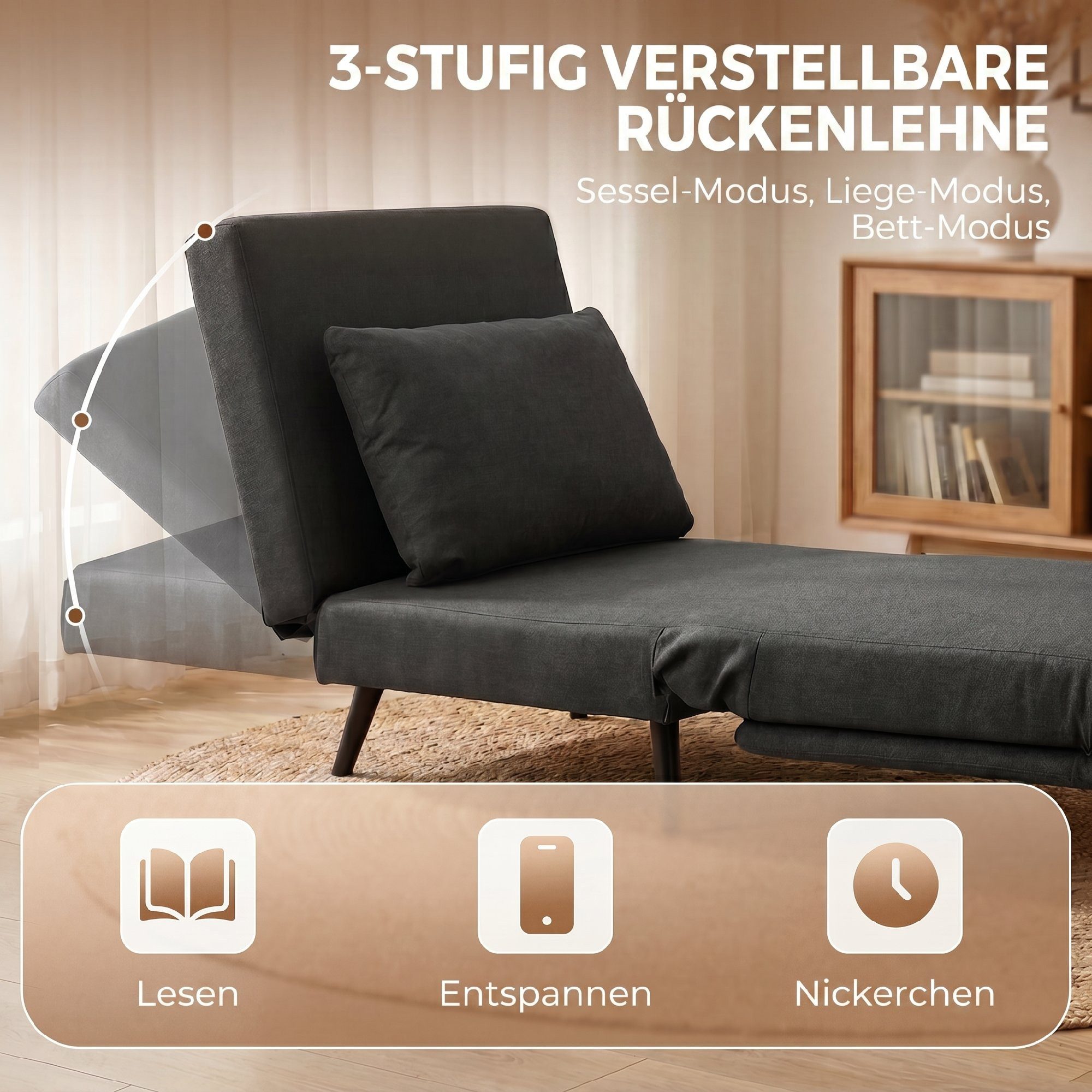 HOMCOM Schlafsofa Schlafsessel Sessel 3-in-1 Bettfunktion, Leinenoptik Dunkelgrau, Set 1 Teile, 3-in-1, 3-fach verstellbar – Bild 5 von 5