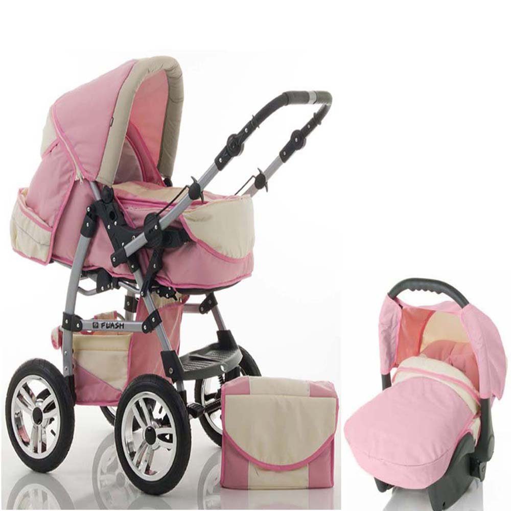 in in 1 Flash Autositz - 3 15 Farben 18 Rosa-Creme Kinderwagen-Set - inkl. Kombi-Kinderwagen Teile babies-on-wheels