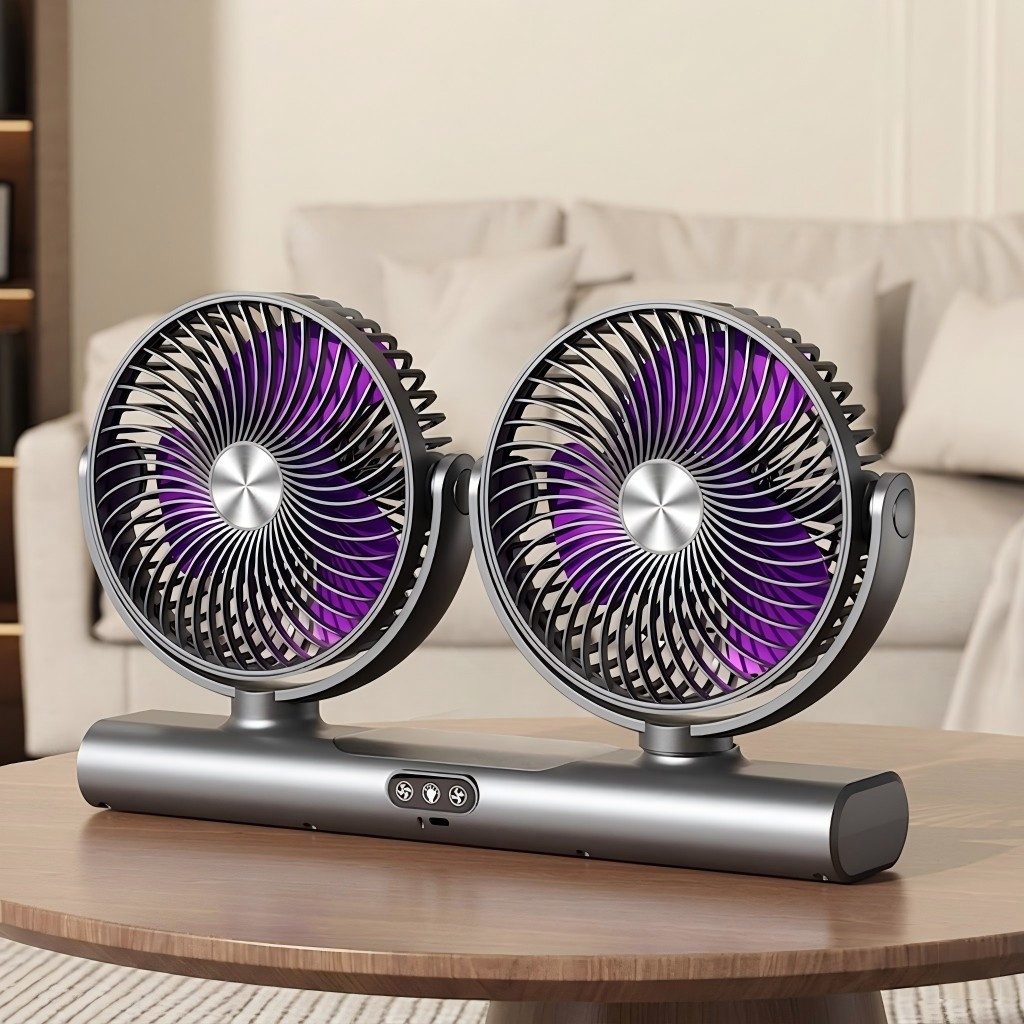 VIVIHEYDAY Akku-Ventilator Doppelkopf-Ventilator, wiederaufladbarer USB-Ventilator mit licht, & Haken, 360° drehbar, Auto-Luftzirkulator für Zuhause, Camping
