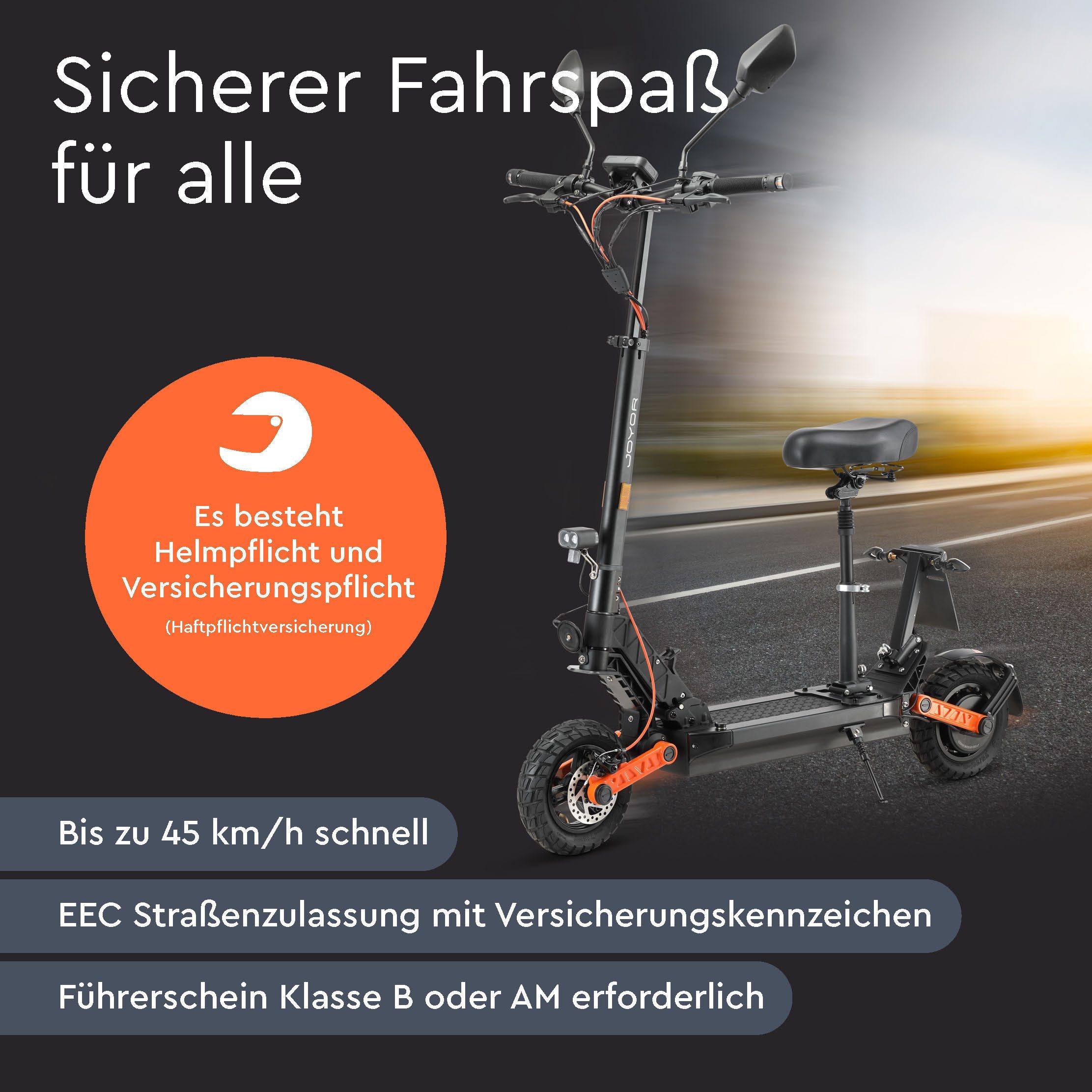 JOYOR E-Scooter S8E Elektroroller mit Straßenzulassung Sitz 45 km/h klappbar offroad, 45 km/h, 800W, hohe Reichweite, NFC Schlüssel, Federung