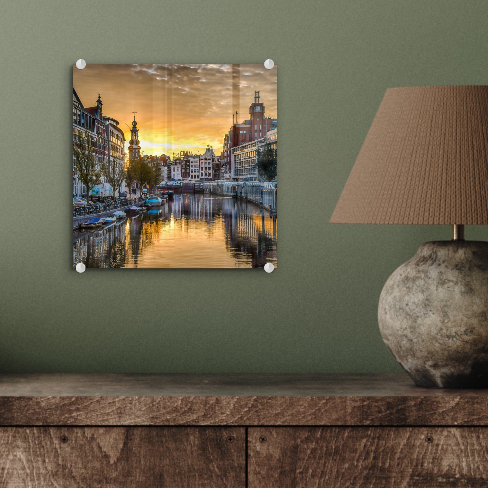 - - auf (1 Glasbilder auf über Glas den Munttoren Bilder Wanddekoration Glas Foto - Amsterdam, St), Sonnenuntergang in Wandbild Acrylglasbild MuchoWow