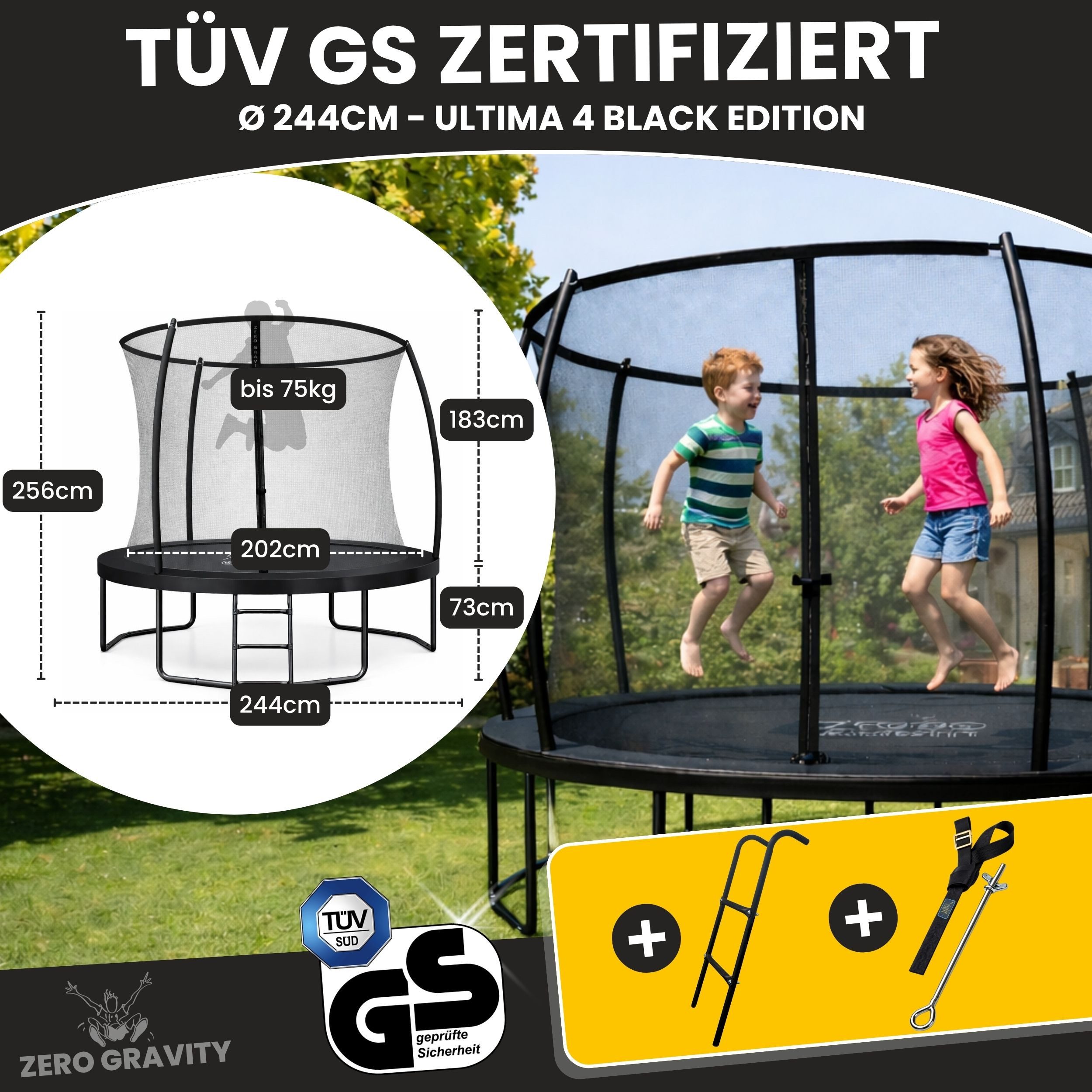 Zero Gravity Gartentrampolin Trampolin Outdoor Ø183/244/305/366/427cm mit smartem Klappnetz, Ø 244 cm, TÜV GS geprüfte Sicherheit