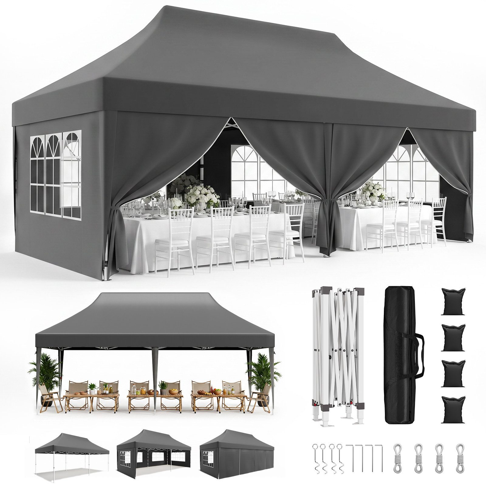GUNJI Faltpavillon 3x3/3x6m Wasserdicht mit seitenteilen Pop Up Partyzelt, UV-Schutz 50+, Partyzelt höhenverstellbarer, mit Tragetasche, für Garten Camping
